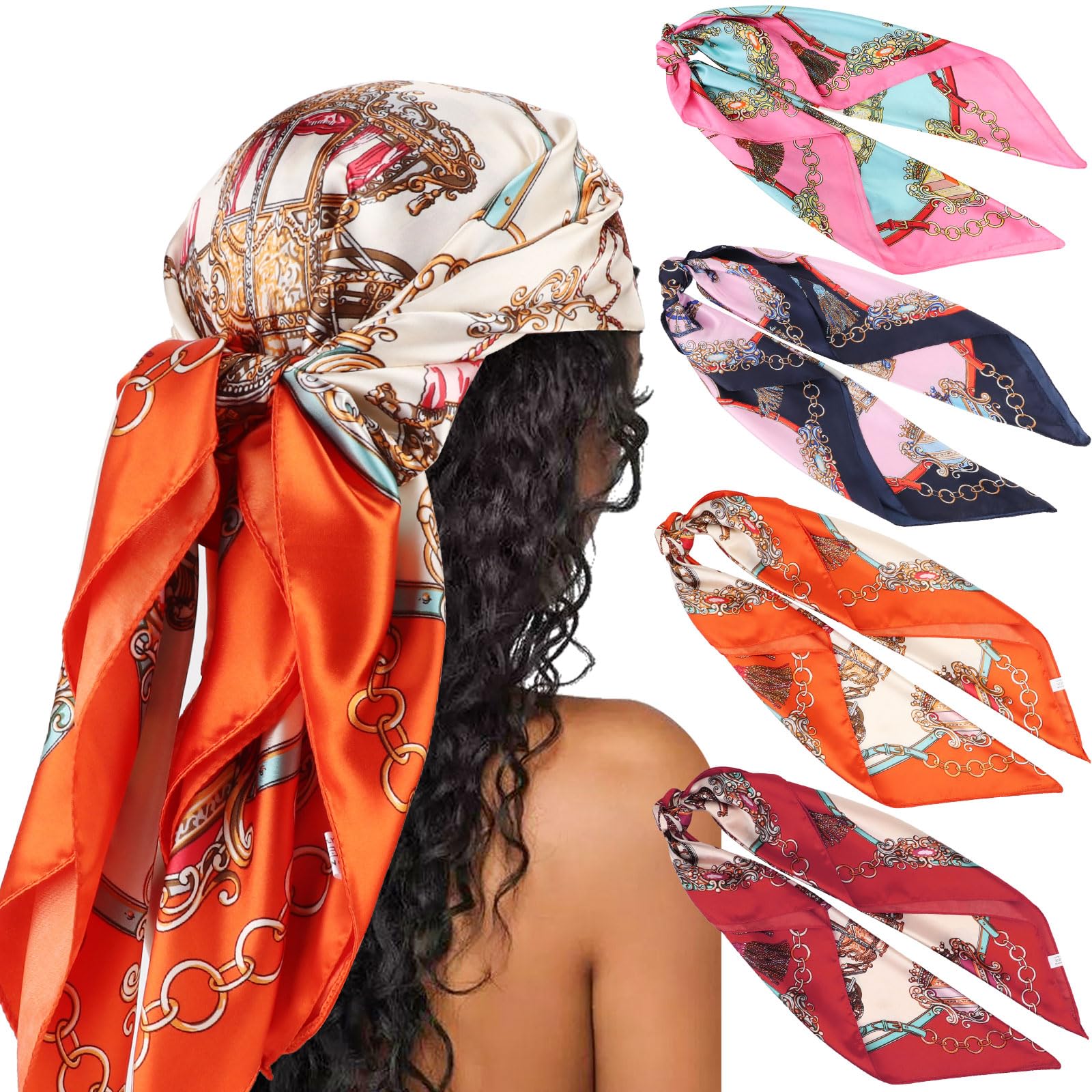 DRESHOW 35” Large Square Satin Head Scarf - 4Pcs Silk Accessories Classic Patterned Squares Beach Bandanas for Women