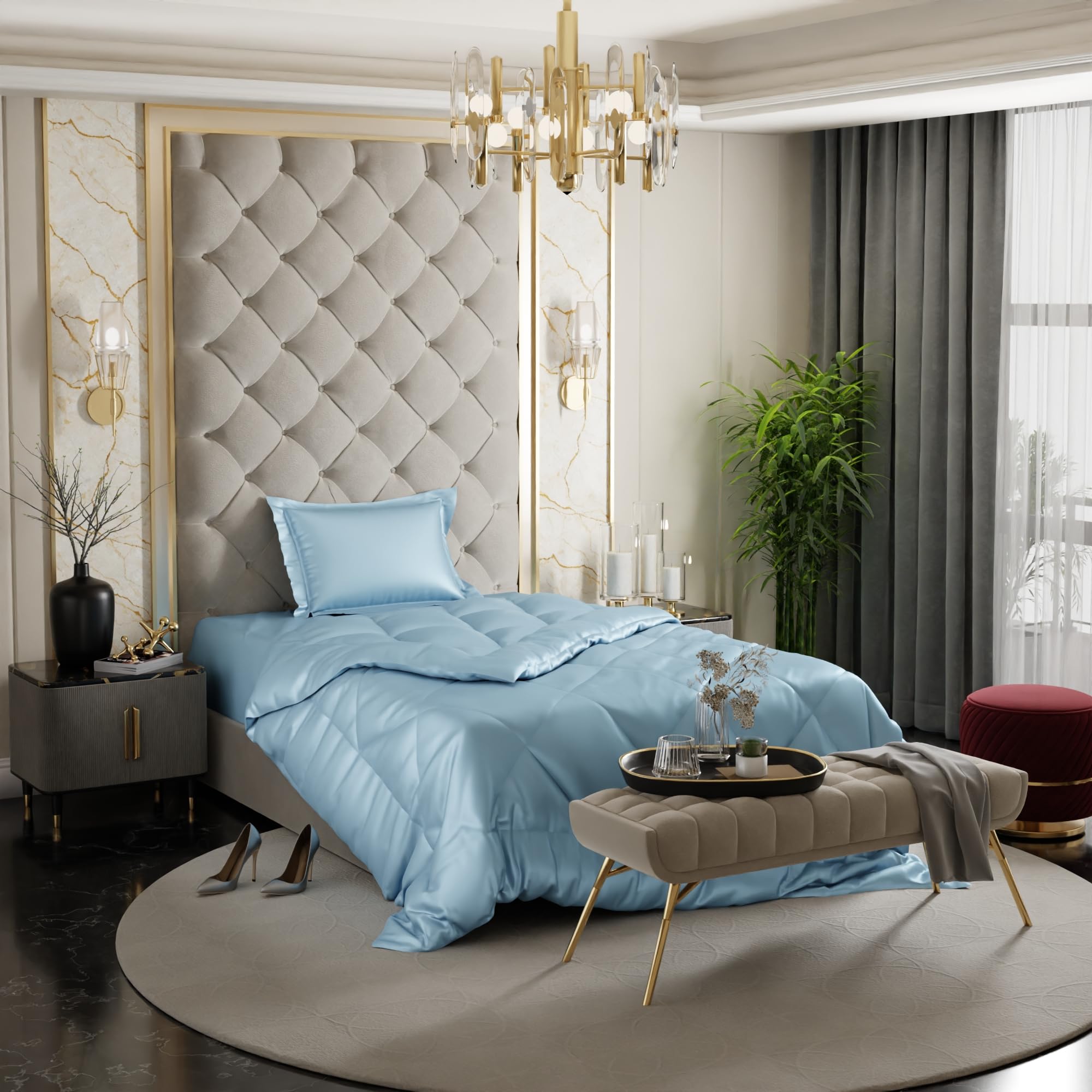 Stoa Paris Comforter for Single Bed, 300TC Satin Comforters, Aesthetic Home Decor, Lightweight, Breathable, Gift for Women, Wedding, Housewarming, Date Night - Dreamy Blue