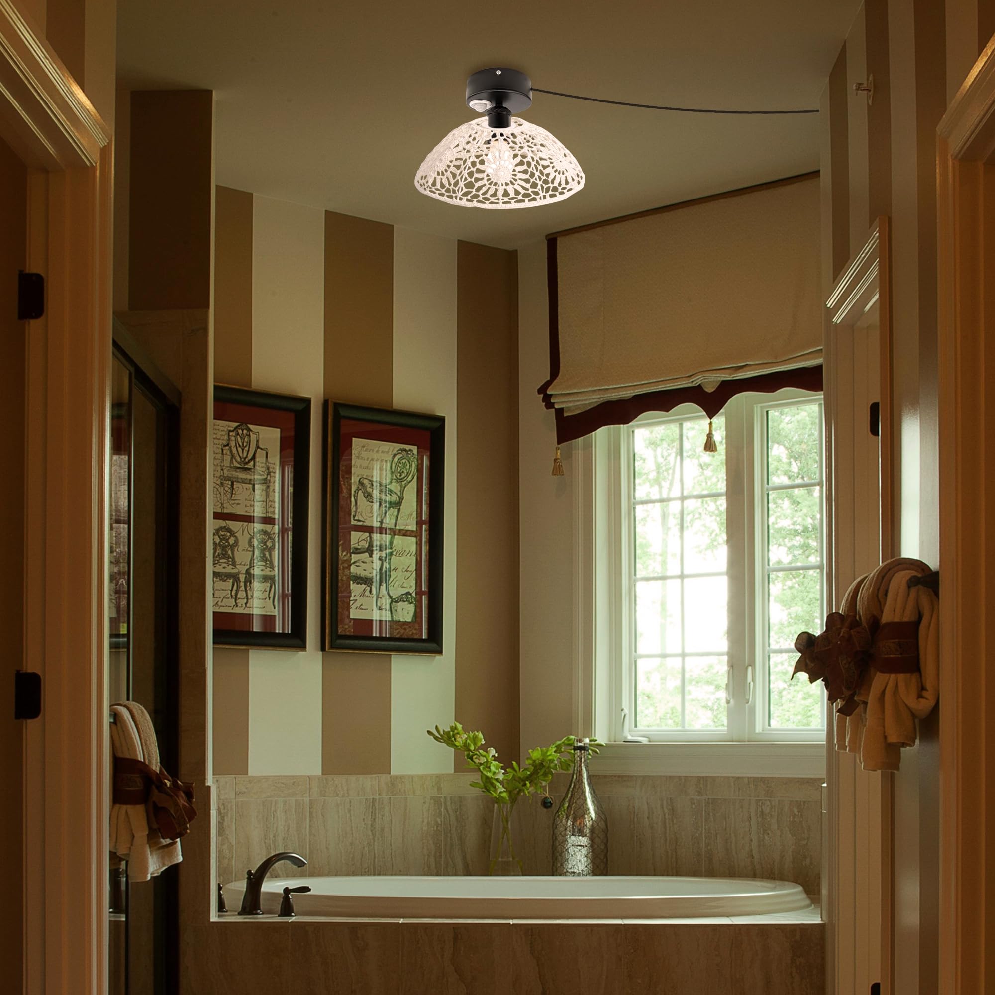 Lampada da soffitto con sensore di movimento interno, stile boho rattan, lampada da soffitto radar, sensore di movimento con cavo da 4,5 m e portalampada E27, per corridoio, bagno, scale,