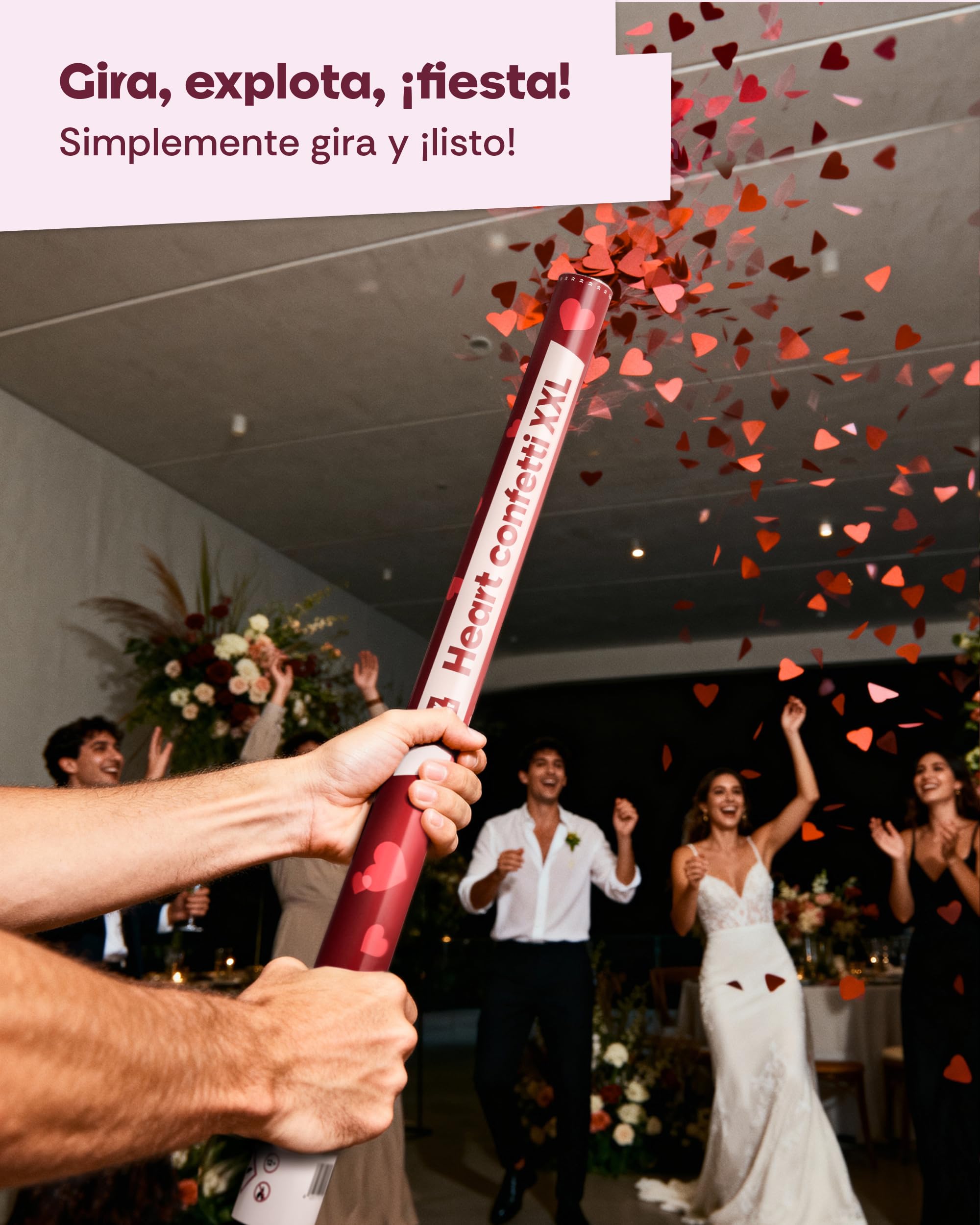 5 Cañones de Confeti Boda 80 cm Corazones Rojo – Biodegradable