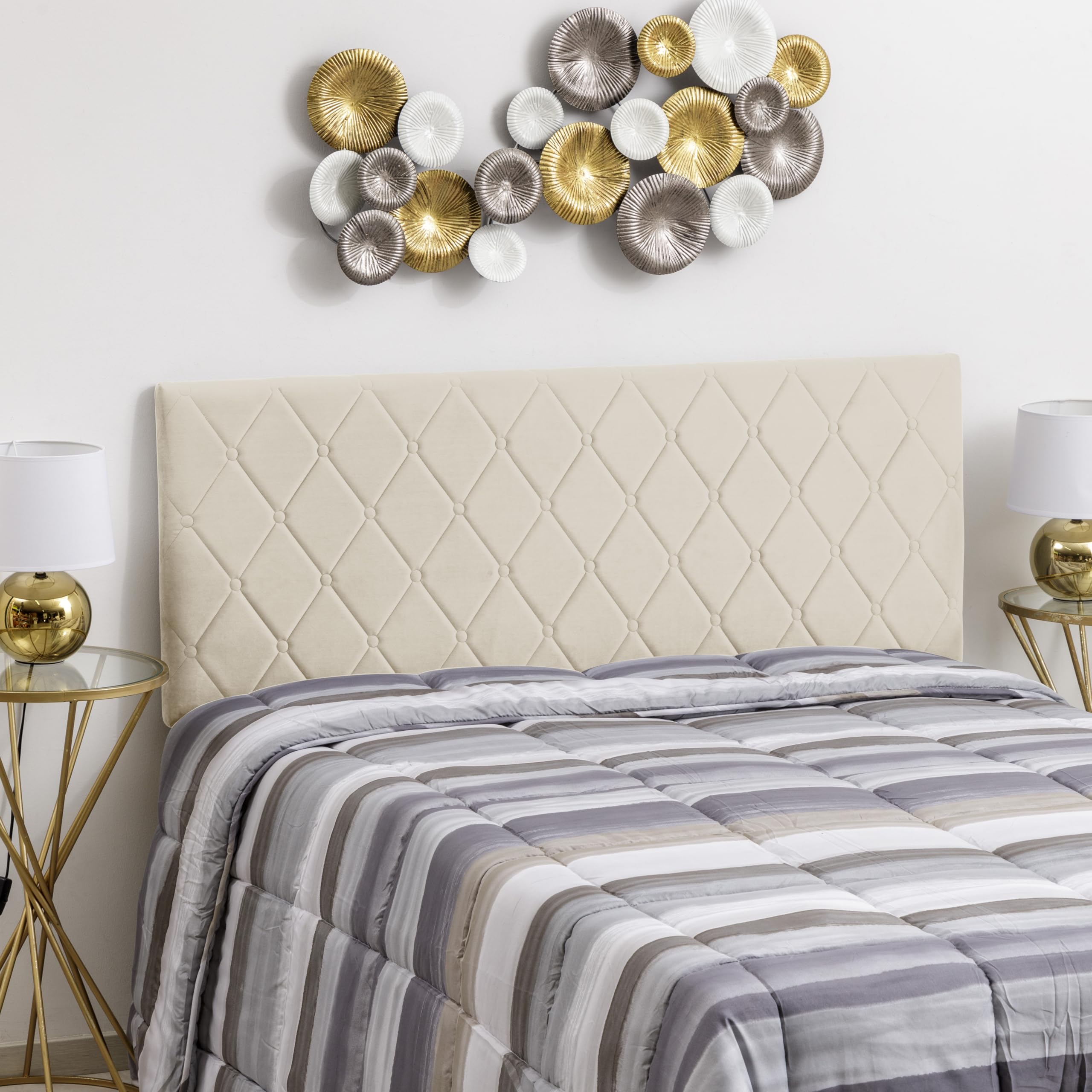Baroni Home Tête de lit rembourrée en velours beige, structure MDF, double crochet acier, hauteur réglable, montage mural facile, design élégant et confortable, 142 x 55 cm