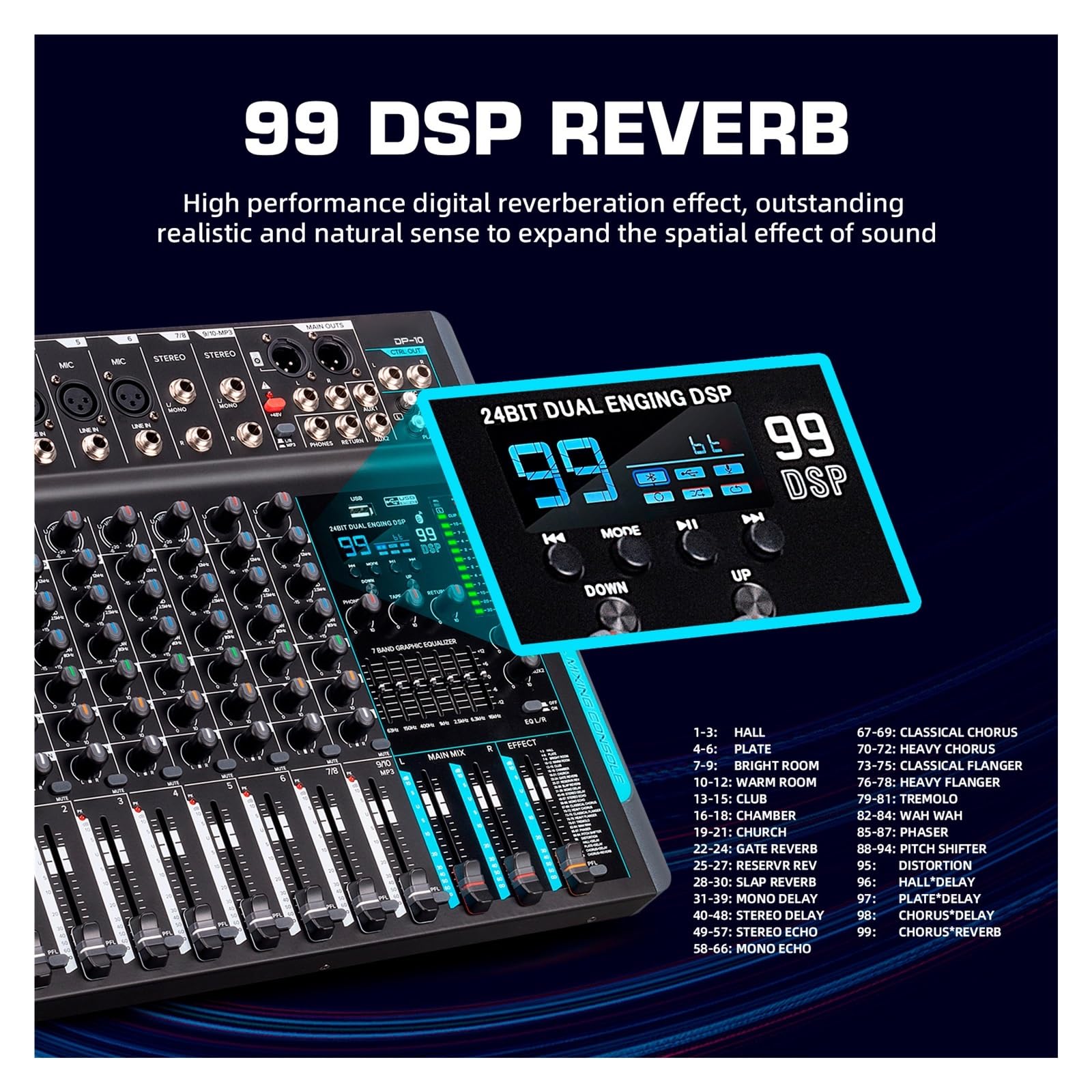 Controlador DJ Mezclador DP-10 Mezclador de grabación con reverberación DSP de 10 Canales y 99 Canales con Rendimiento Profesional Bluetooth 5.0