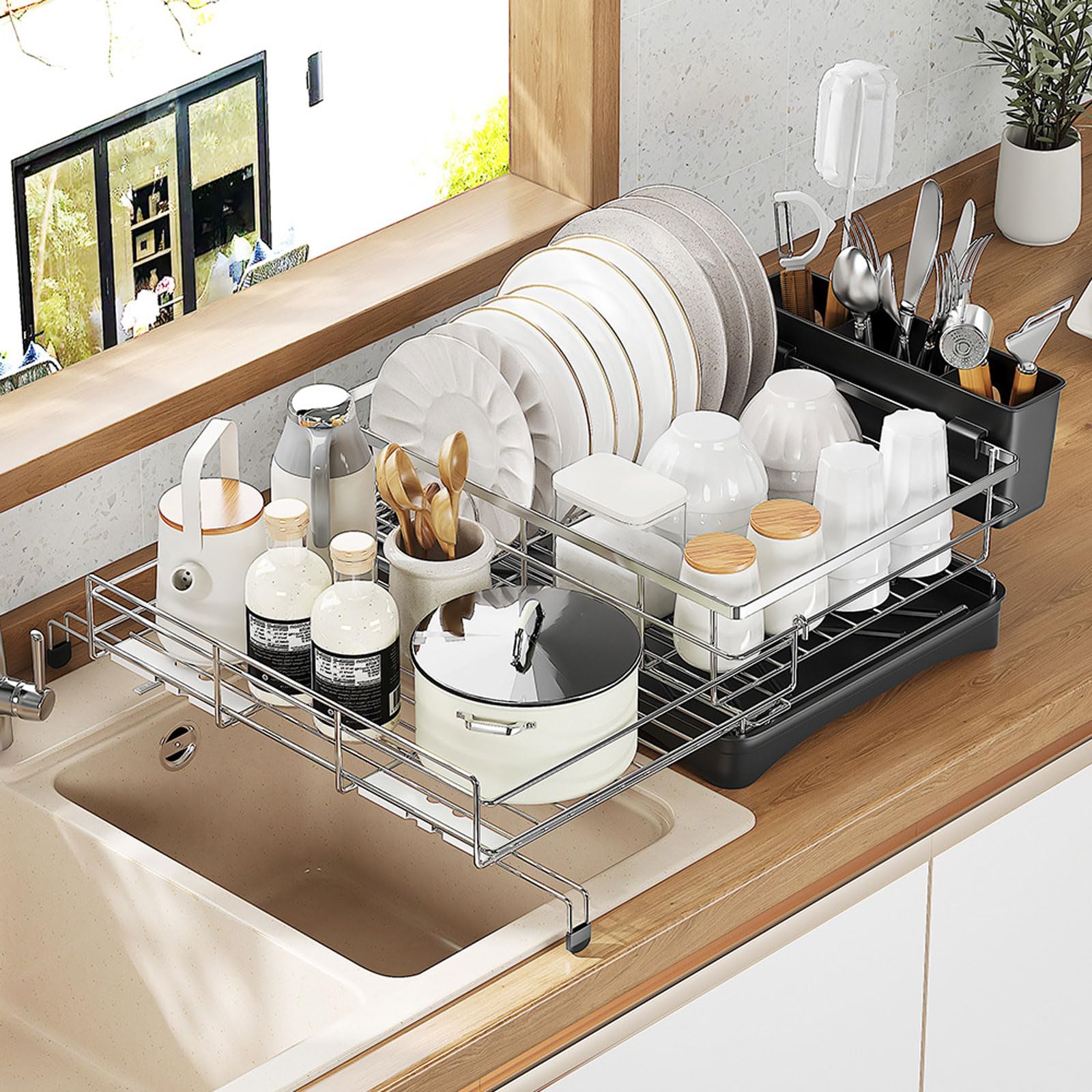 Escurridor de Platos para Encimera de Cocina Escurridor de Platos Extensible de Acero Inoxidable con Bandeja Recogegotas y Portacubiertos Secador Boquilla Giratoria 360°Ahorra Espacio
