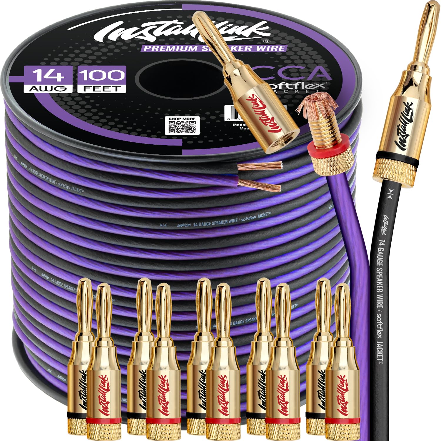 Install LinkBanana Plugs for Speaker Wire (14 AWG Gauge) - 100 Feet (CCA) with 12 Banana Plugs
