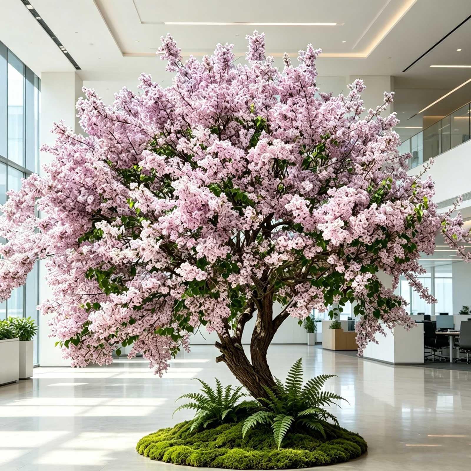 Kiboncy One Color Weather Resistant Simulation Lilac Shrub Tree, Gnarled Curved Trunk Dense Pink Blooms Fake Plant, Moss Fern Mat Base For Indoor Patio & Restaurant Landscaping