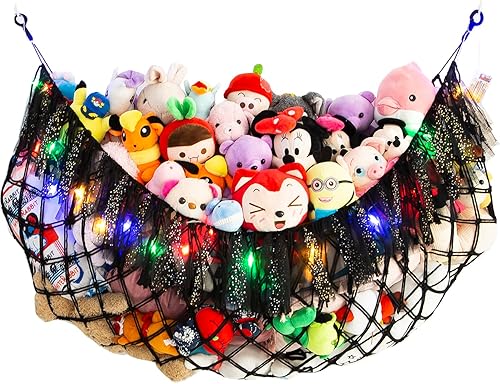 Hamaca grande de animales de peluche con luz montada en la pared, hamaca Squishmallow de peluches, organizador de juguetes, hamaca de macramé