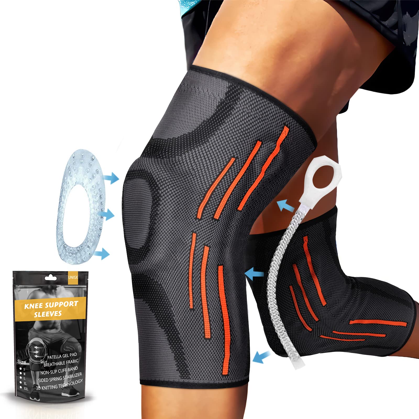 2 Pack Knee Compression Sleeve - Knee Brace for Men & Women with Patella Gel Pads & Side Stabilizers, Knee Support for Working Out, Running, Weightlifting, for Arthritis Joint Pain Relief ACL Size M