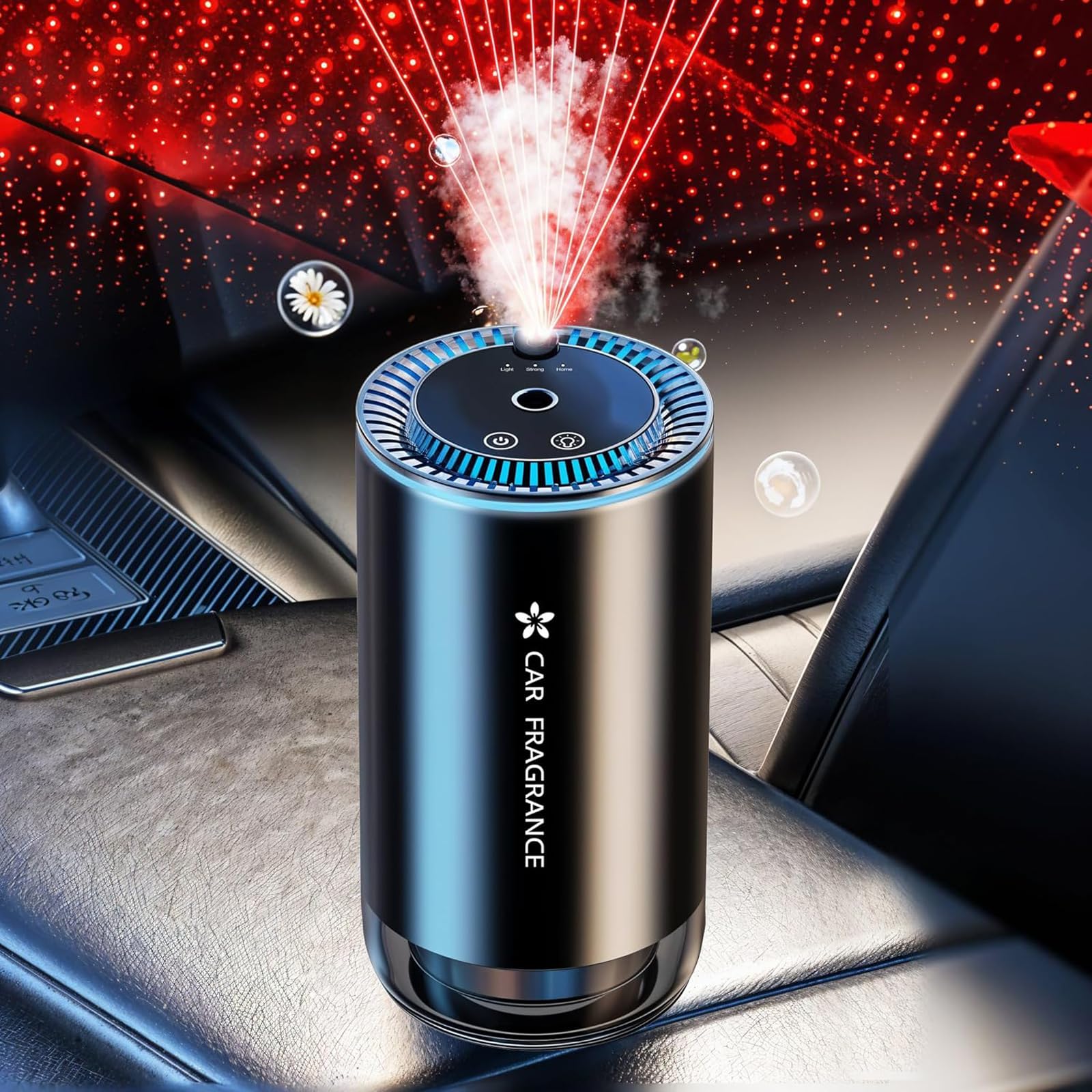 Smart Car Air Freshener, Automatic Essential Oils Aroma Diffuser, Rechargeable Auto On/Off Fragrance Fresheners with Starry Lights Projector, 3 Adjustable Mode Scent Purifier with Perfume