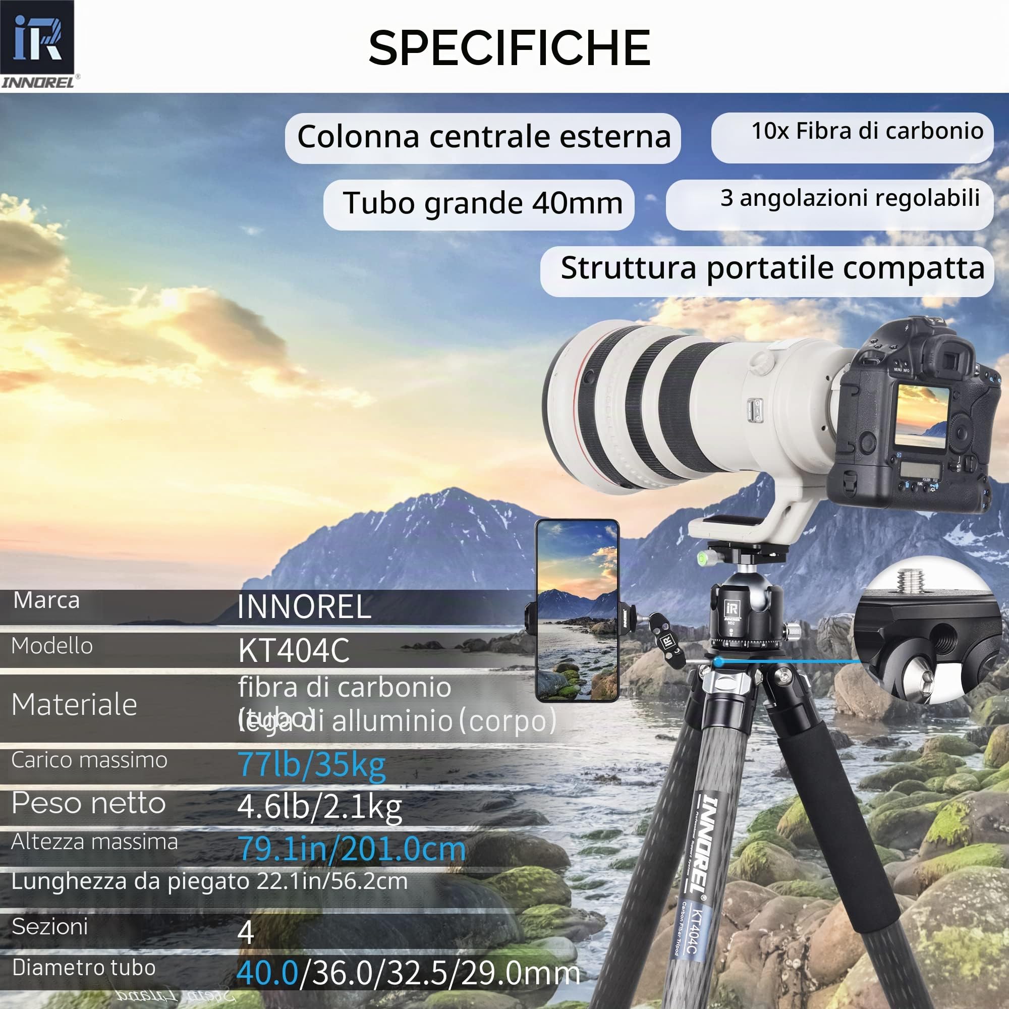 INNOREL KT404C Treppiede compatto a 10 strati in fibra di carbonio Tubo da 40 mm Cavalletto professionale per fotocamera resistente per videocamera digitale DSLR Carico 35 kg con colonna centrale