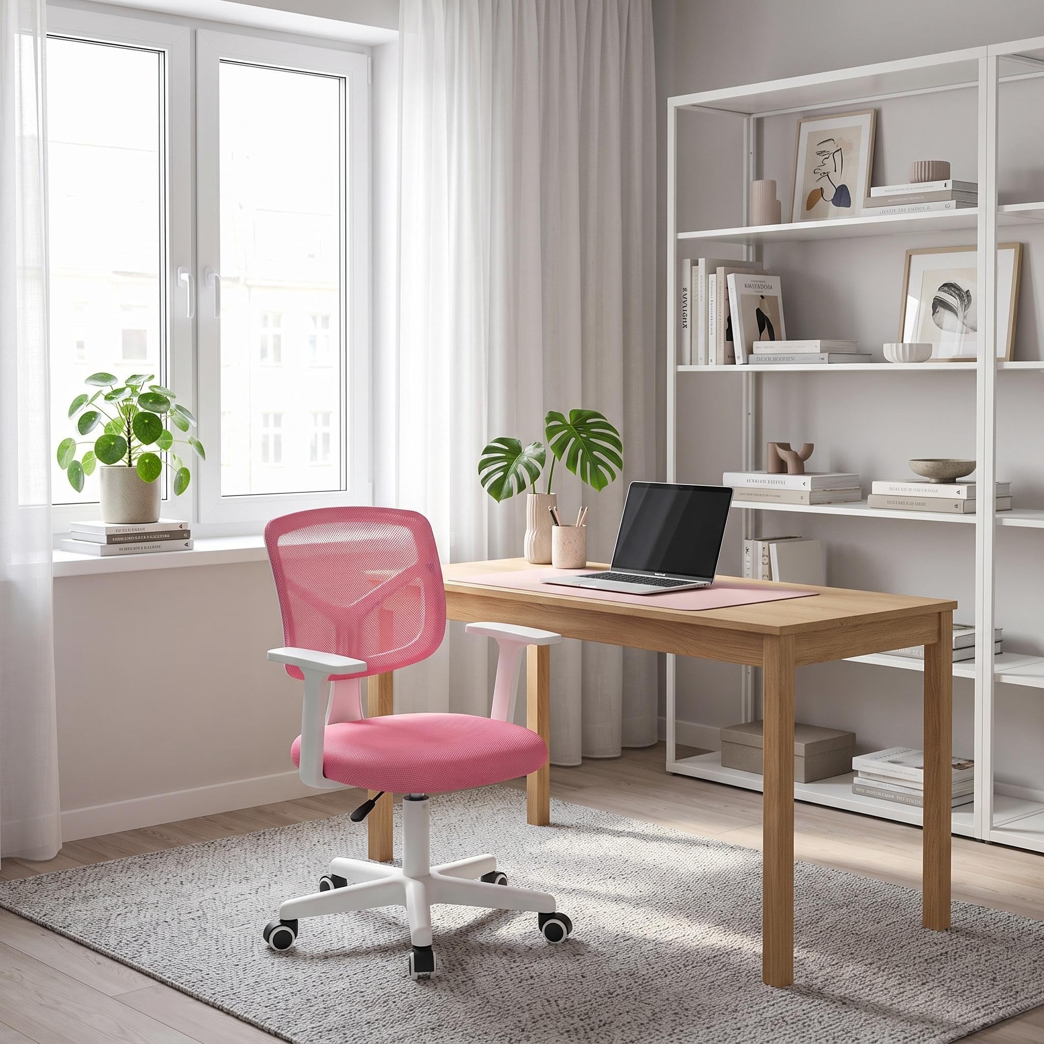 FurnitureR Home - Escritorio de Ordenador para jóvenes/Adolescentes con Malla Transpirable, giratoria Silla de Estudio Ajustable en Altura con apoyabrazos, Rosa, Metal, 50 x 53 x 87 cm