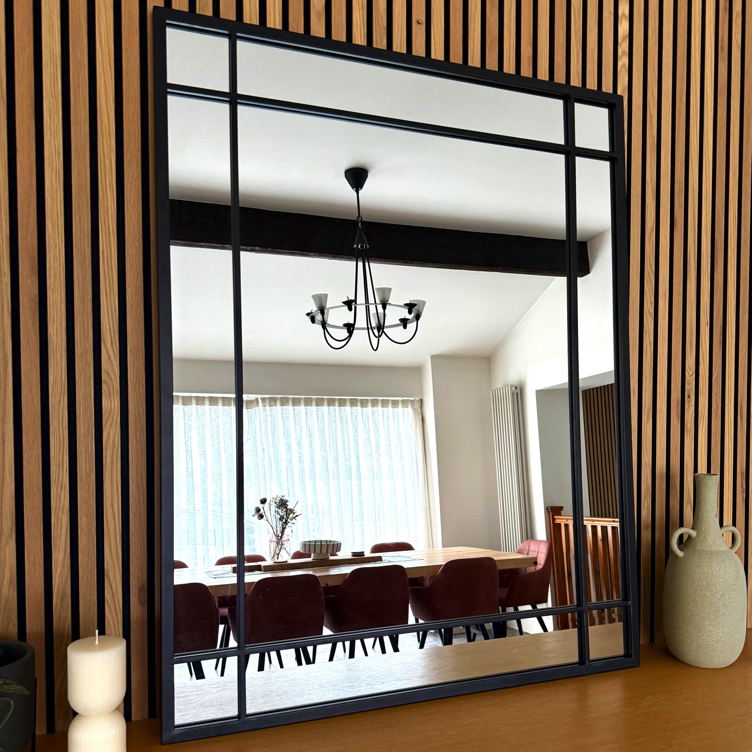 Jobu | Rectangle Mirror with Metal Window Frame Style in Black – 95cm x 120cm for Bedroom, Hallway or Living Room | Aimi