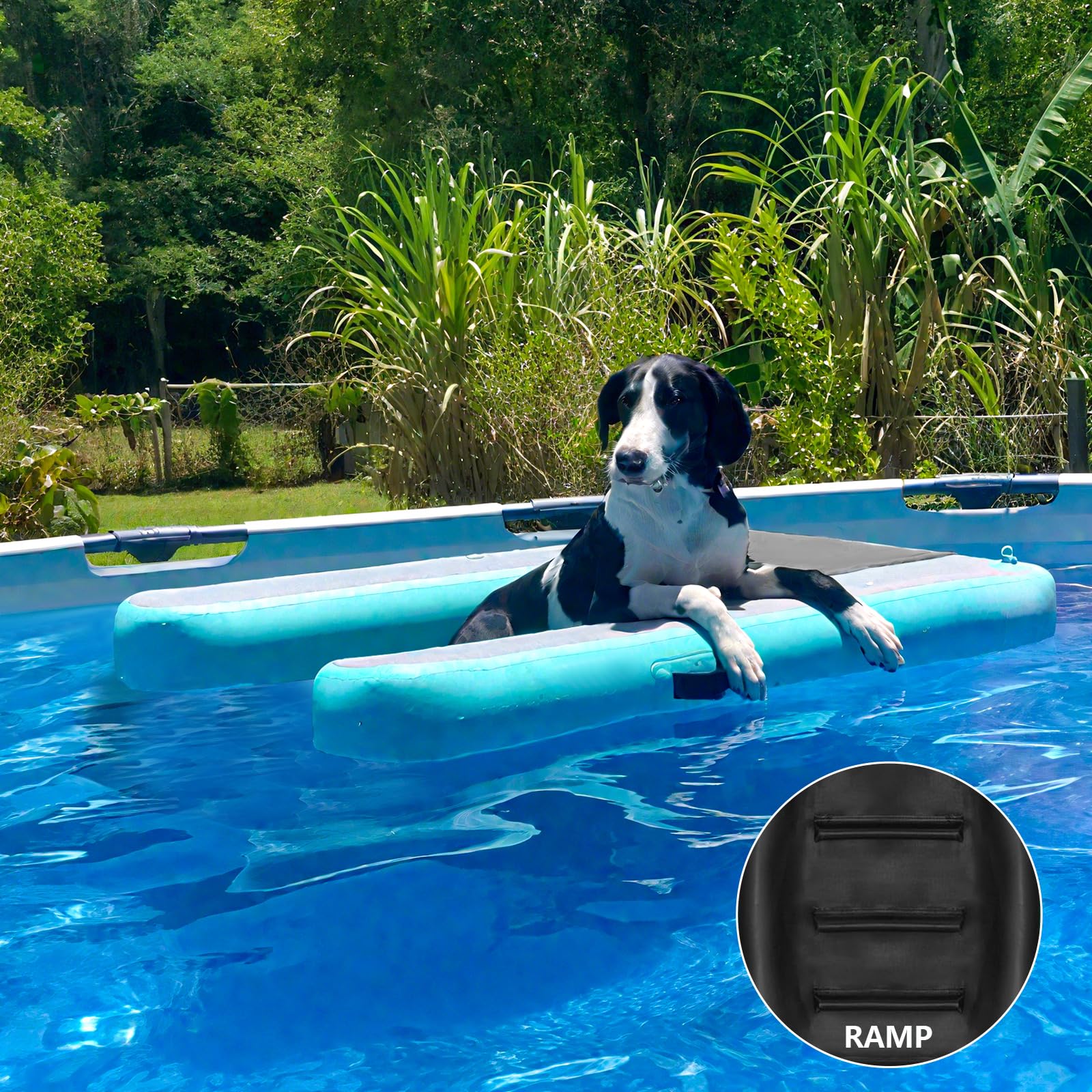 Rampa Gonfiabile per Cani da Barca, Rampa d'Acqua per Cani di Grossa Taglia fino a 200 libbre (90,7 kg), Galleggiante in PVC Antiscivolo con Scala Zattera d'Acqua per Animali per Piscina, Molo