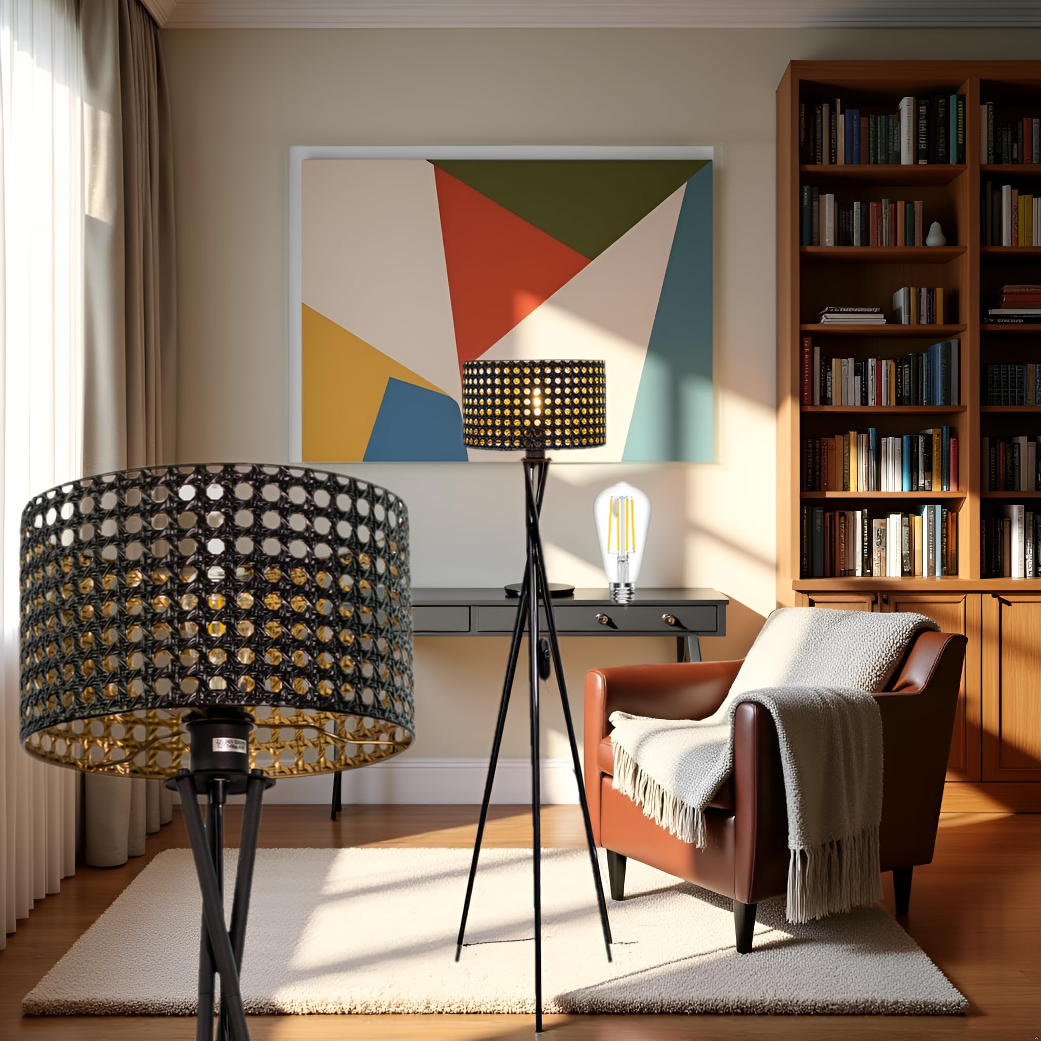 Osasy Modern LED Tripod Floor Lamp, Decorative Woven Shade, Tripod Lamps Living Room Corner Light