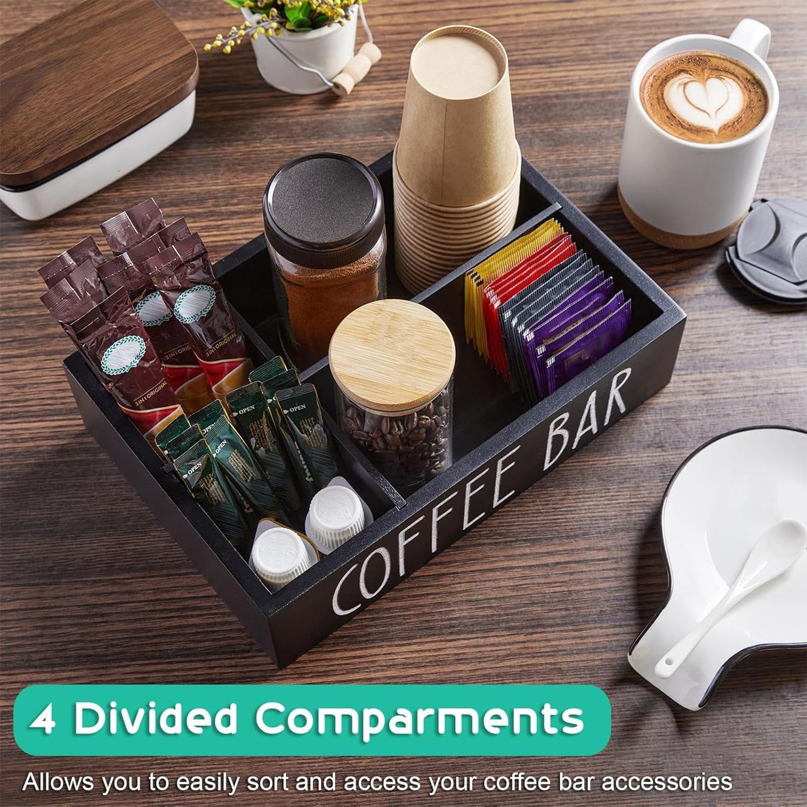 Generico Organizer Da Banco - Contenitore Caffe In Legno Con Ripiano - Organizers Per Cialde, Bustine The E Zucchero - Contenitore Per Accessori Per Ufficio, Casa, Cucina, Bar, Lounge E Hall Di Hotel