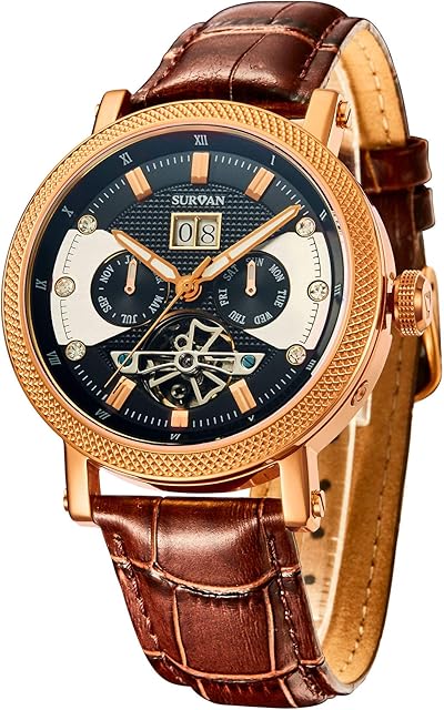 SURVAN WatchDesigner-Mens WatchAutomatic Winding Mechanical Watch (No Battery Need), 18k Real Gold Plating, Top Leather Strap, Winning The Design CompetitionWaterproof