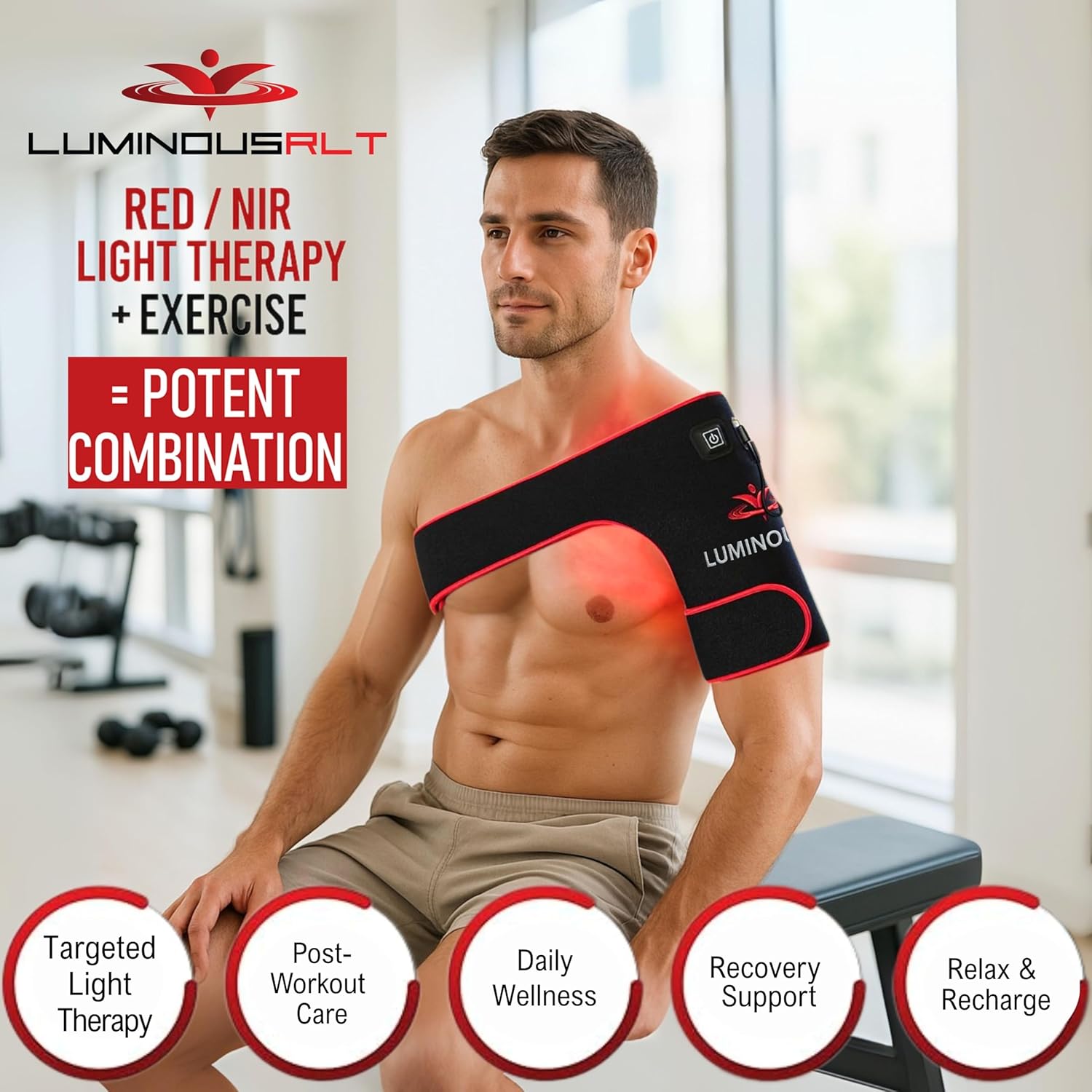 LuminousRLT Red Light Therapy Shoulder Wrap w/Power Bank - 192 LEDs 660nm & 850nm Near Infrared - Adjustable Fit - Auto Shut-Off - Fits Left or Right Shoulder
