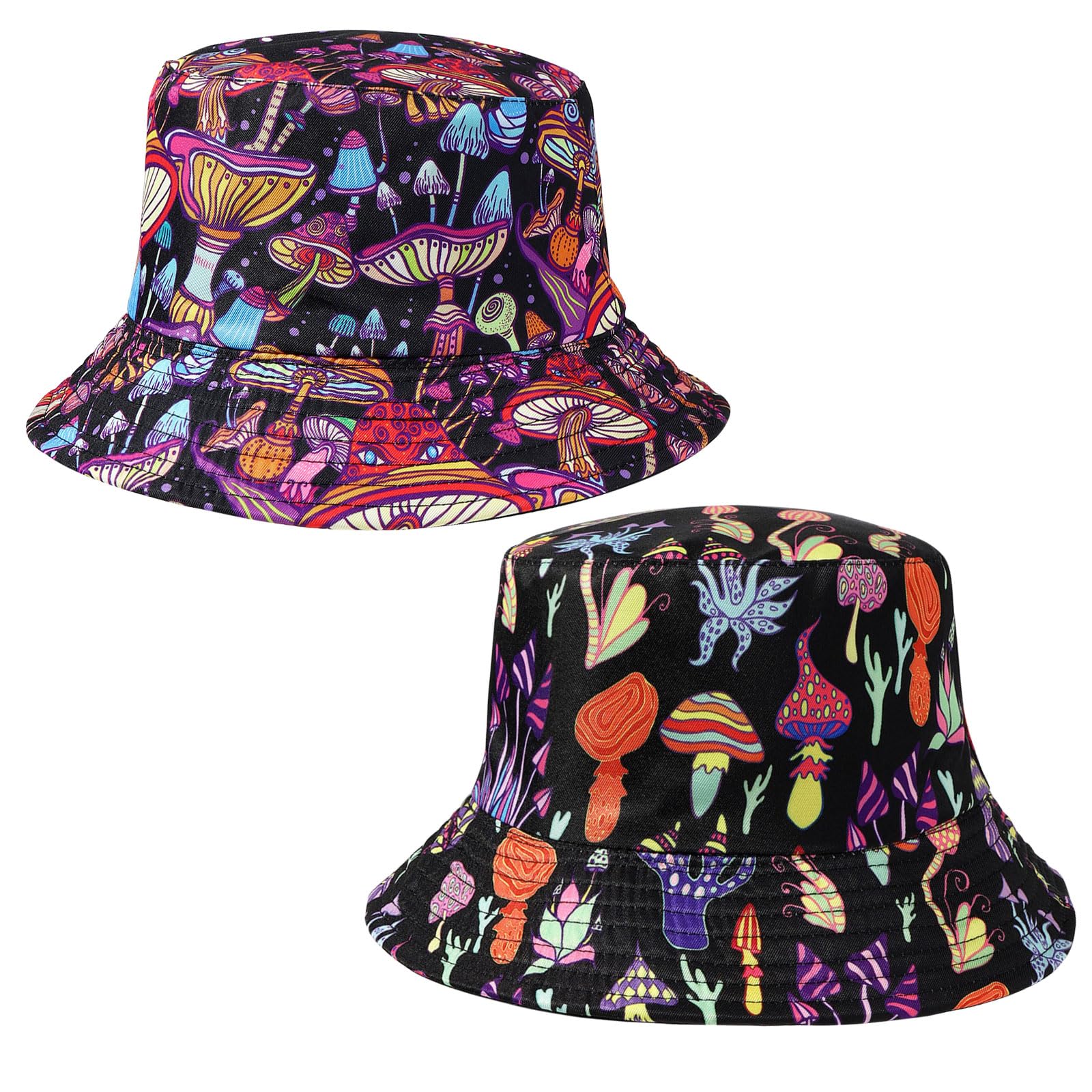 SKHAOVS 2 Piezas Reversible Pescador Sombrero Impreso Cubo Sombreros Moda Sol Sombrero para Mujeres Hombres y Adolescentes Plegable Unisex Playa Cubo Sombrero