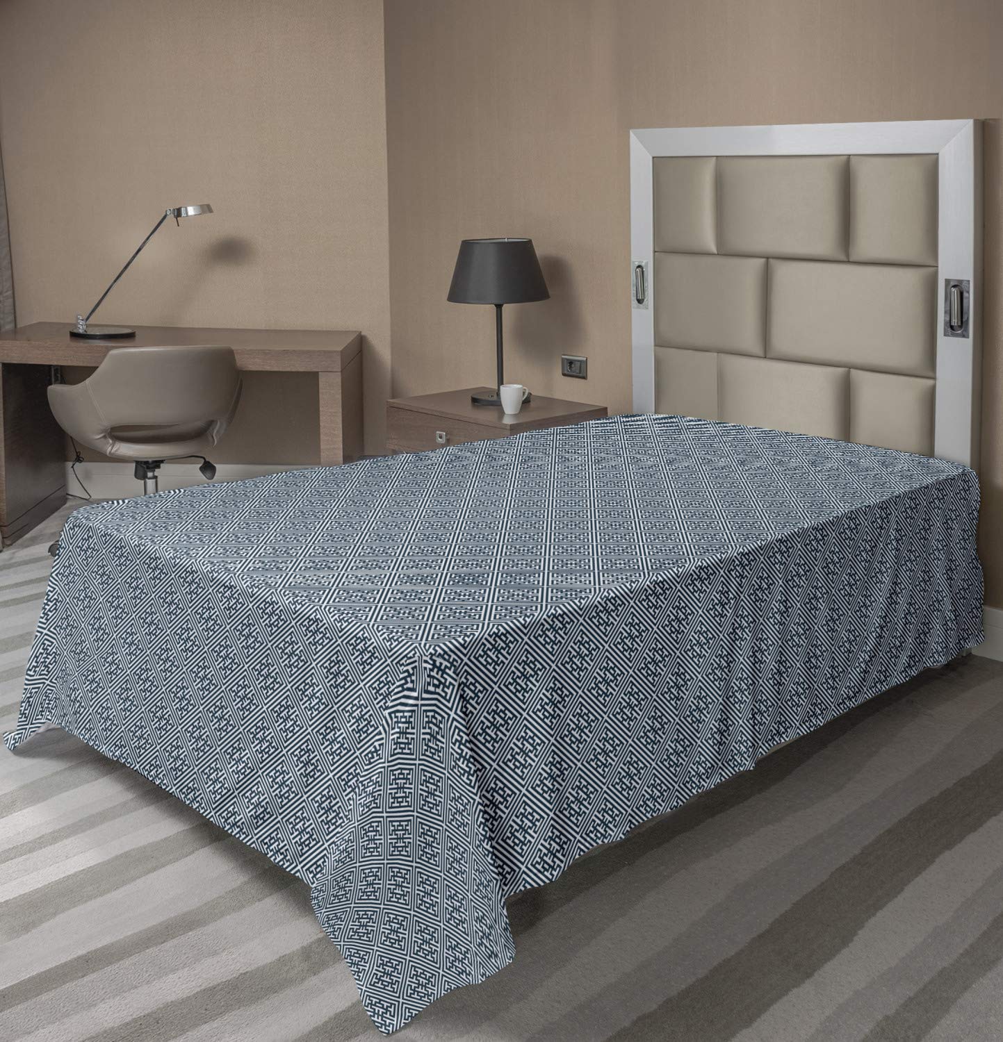 Ambesonne Abstract Flat Sheet, Pattern of Optical Illusion Like Labyrinth Geometrical Shapes Illustration, Soft Comfortable Top Sheet Decorative Bedding 1 Piece, Twin Size, Slate Blue White