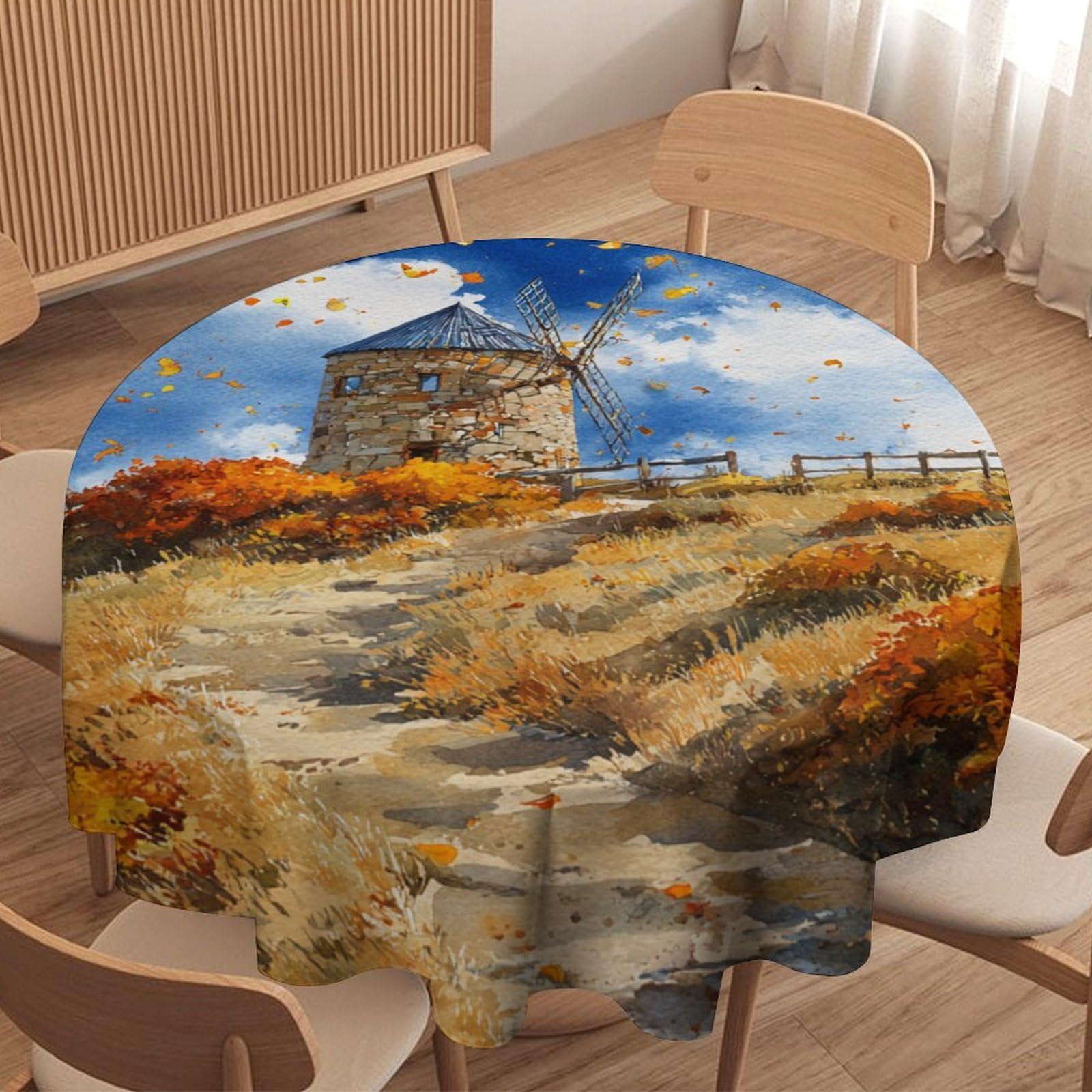 LUYYSKY Beautiful Realistic Fall Windmill Round Tablecloth Western Abstract Farmhouse Barn Autumn Leaves Pattern Washable Decor for Table Cover for Kitchen-91.4" Wx91.4 L cm