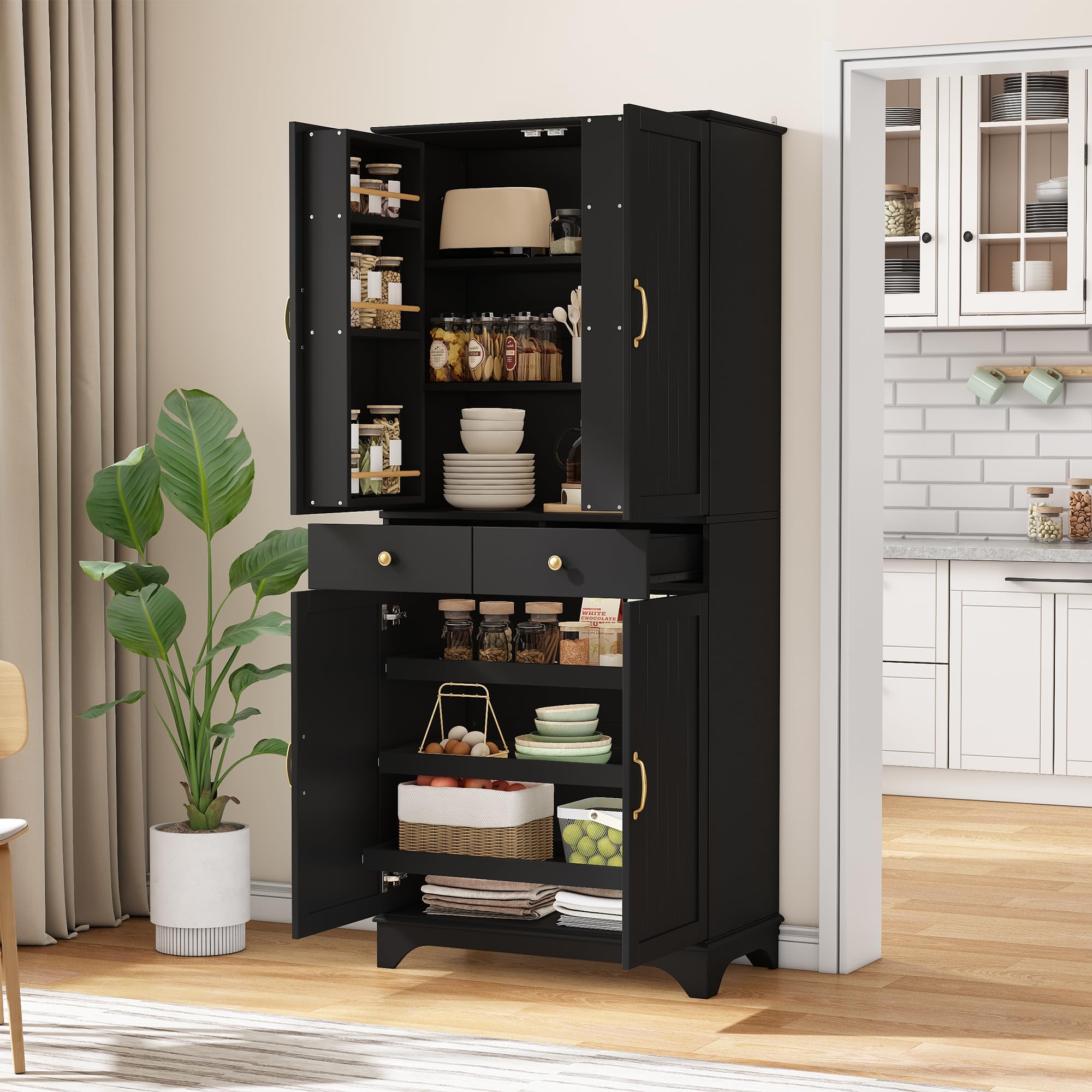 SUKY Armario alto con estantes ajustables y cajones, estantería con estantes extensibles y puertas de frigorífico, ideal para comedor, salón y cocina, 77 × 40 × 181 cm, color negro