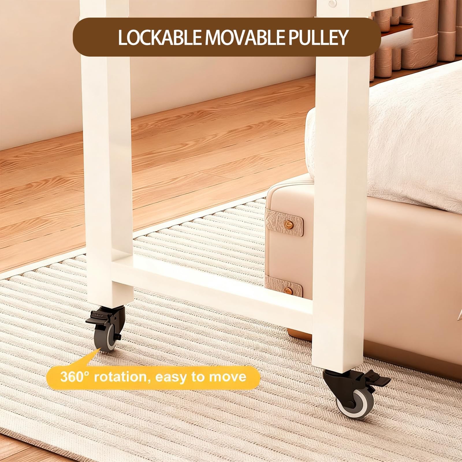 Regulowany stolik przyłóżkowy z szufladami, stolik do pracy nad łóżkiem na kółkach, domowy mobilny biurko nad łóżko z przegrodami, jezdny stolik nad łóżko, stolik nadłóżkowy(Yellow,100cm)