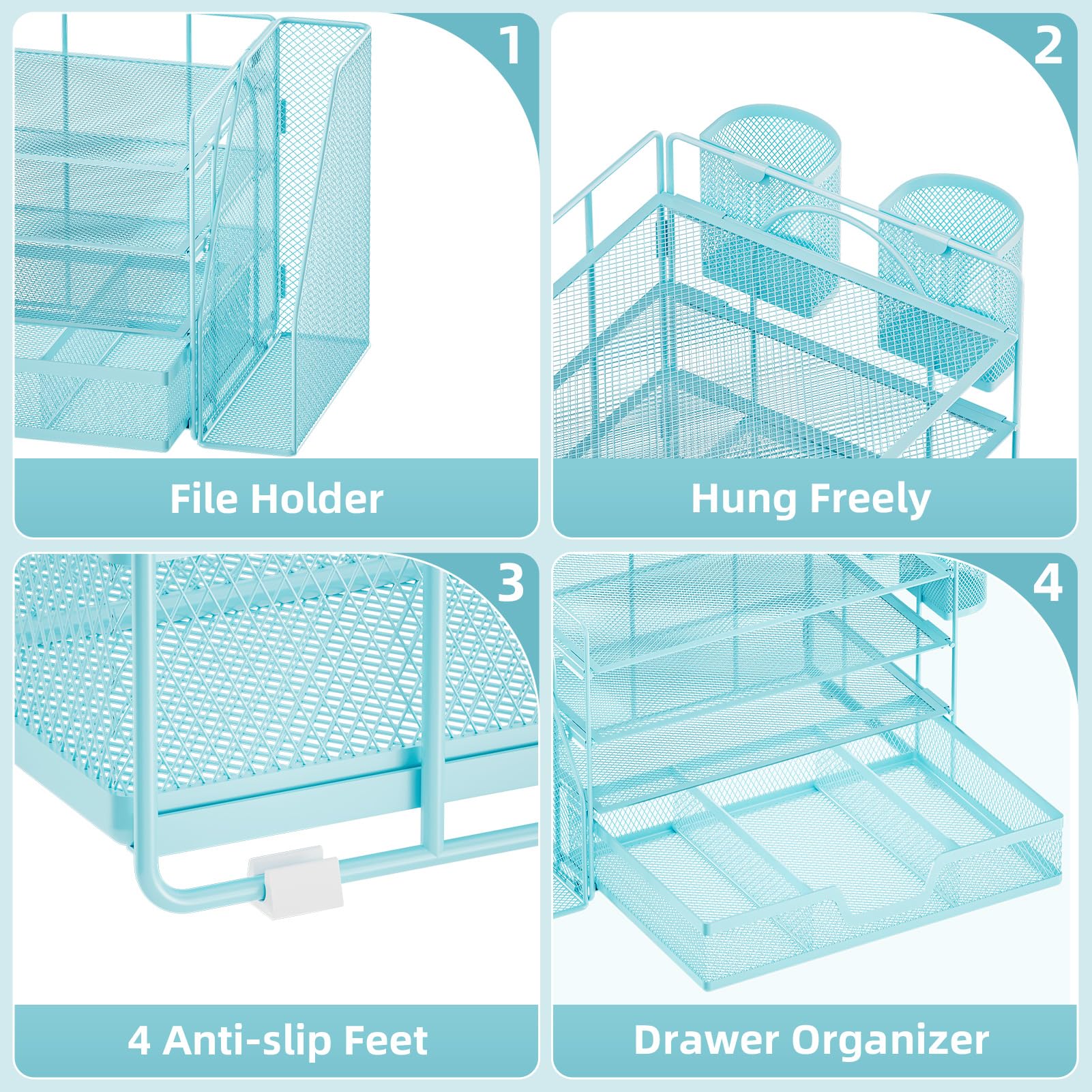 Marbrasse Organizer da scrivania e accessori, vassoio per lettere a 4 ripiani con porta documenti, accessori da scrivania e organizer per spazi di lavoro con cassetto e 2 portapenne (blu, 39,1 x 23,1