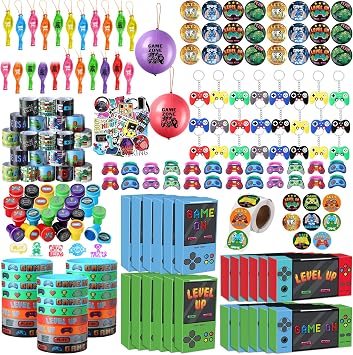 HyDren 243 Pcs 24 Sets Video Game Party Favors Includes Video Game Goodie Treat Boxes Punch Balloons Silicone Bracelets Keychains Badges Stickers for Gaming Birthday Party Supplies Vivid Style