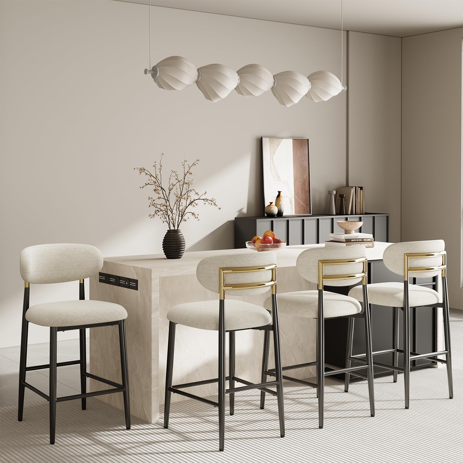 MALOL Counter Height Bar Stools Set of 4, Fabric Kitchen Bar Chairs with Backrest, Metal Legs and Footrest, Modern Barstools Counter with Anti-Slip Pads for Kitchen Island, Dining Room, Beige