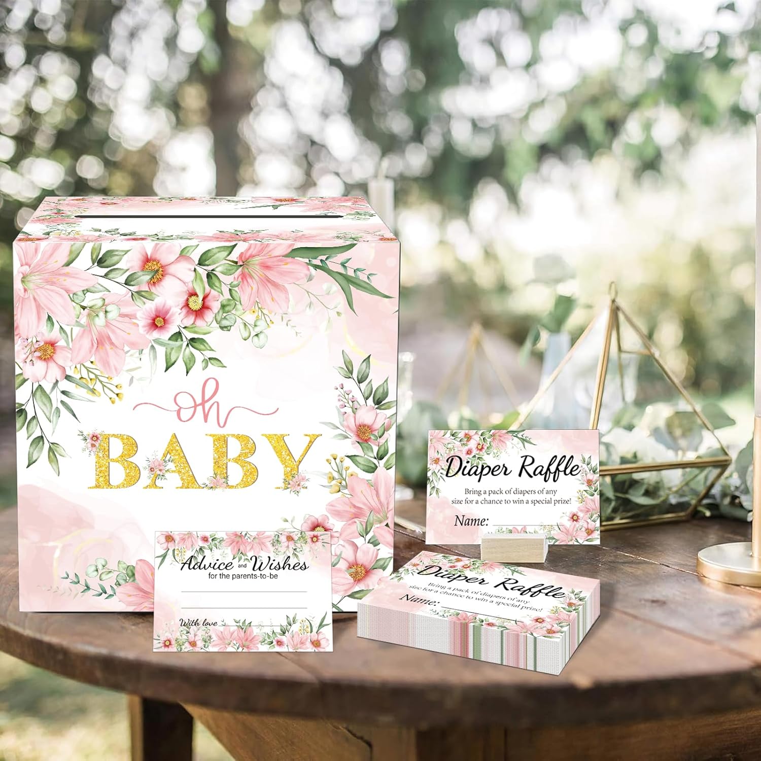 Baby Shower Games, Floral Diaper Raffle Box, 50 PCS Diaper Raffle Tickets Card Box with Advice and Wishes for the Parents-to-be, Baby Shower Decorations, Diaper Raffle Sign