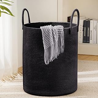 YOUDENOVA - Cesta de lavandería plegable, cesta de lavandería grande, cesta de almacenamiento, cesta de ropa sucia, cuerda de algodón, 38 cm de diámetro x 50 cm, color negro