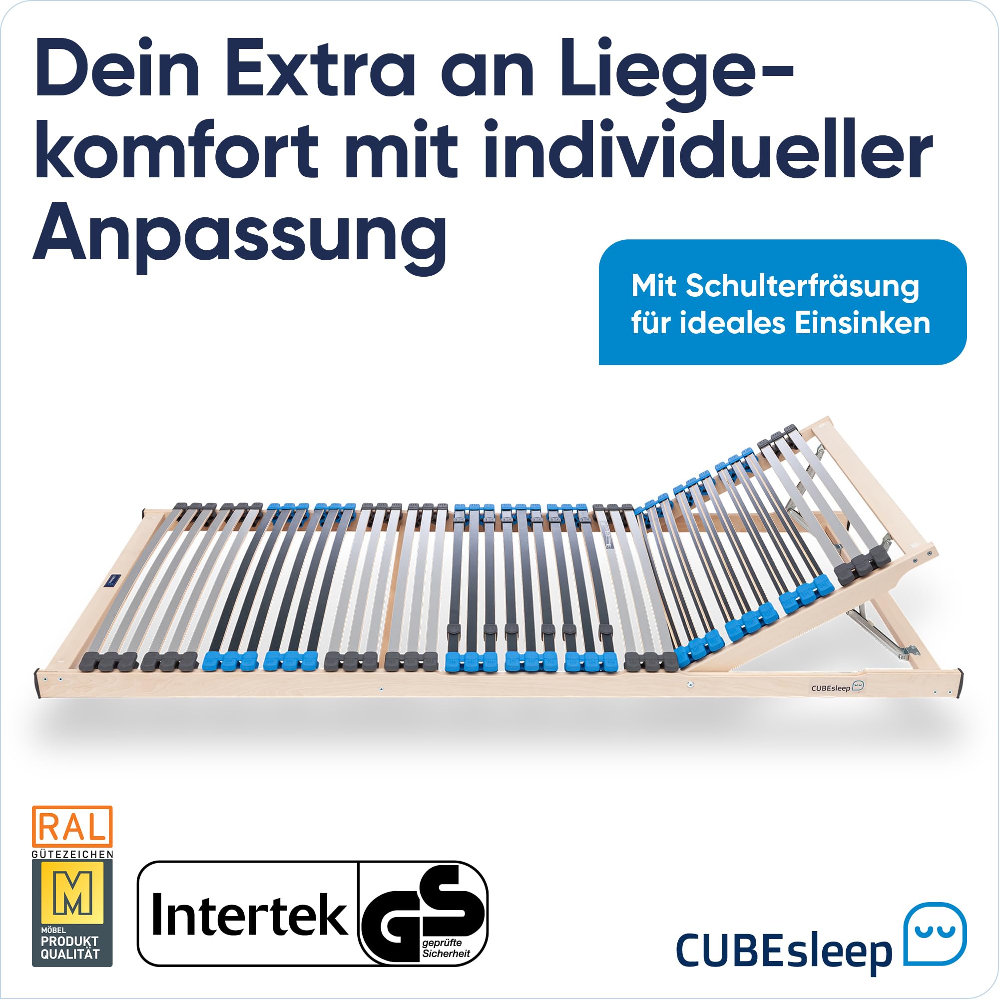 CubeSleep 2 STK. 7-Zonen Lattenrost Pure Eco KF 42-Leisten 90x200cm | Kopfteil verstellbar | Made In Germany | GS Zertifiziert – geprüfte Sicherheit (Doppelpack 90 x 200 cm)