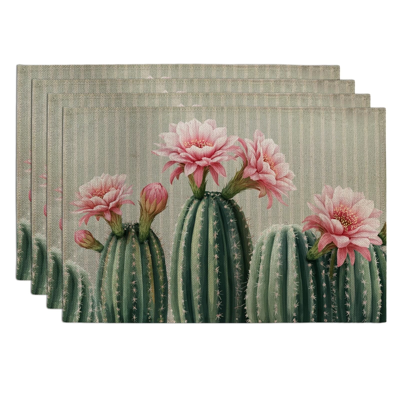 Spring Summer Cactus Flowers Placemats, Peach Botanical Place mats for Dining Table, Non-Slip Washable Indoor Outdoor Party Decorative Placemat Set of 4