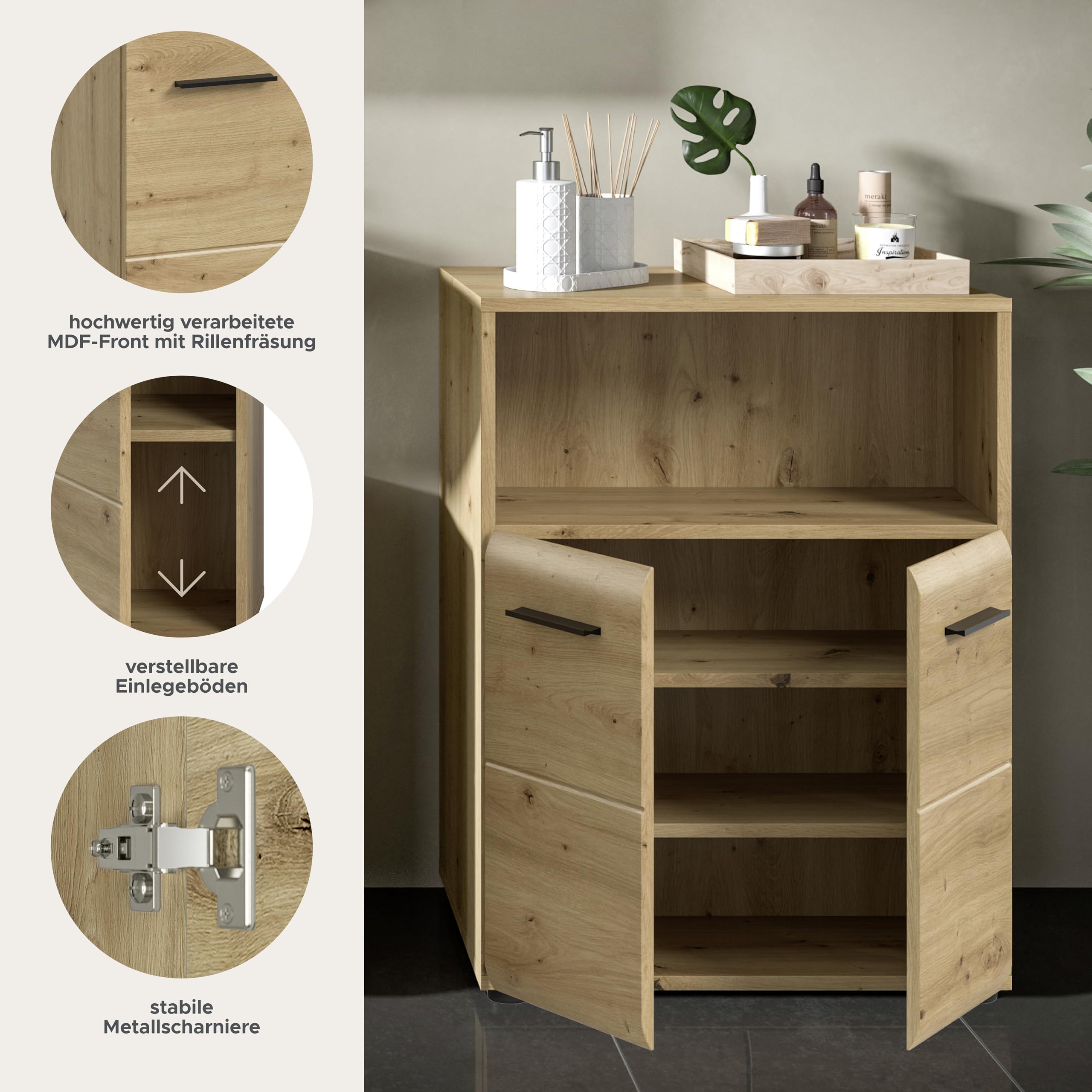 xonox.home – Standschrank breit Ice 60x80x30 cm in Korpus und Front Artisan Oak Nachbildung – Eleganter Badschrank Schrank in Holzoptik – großzügiger Stauraum – Bild 7
