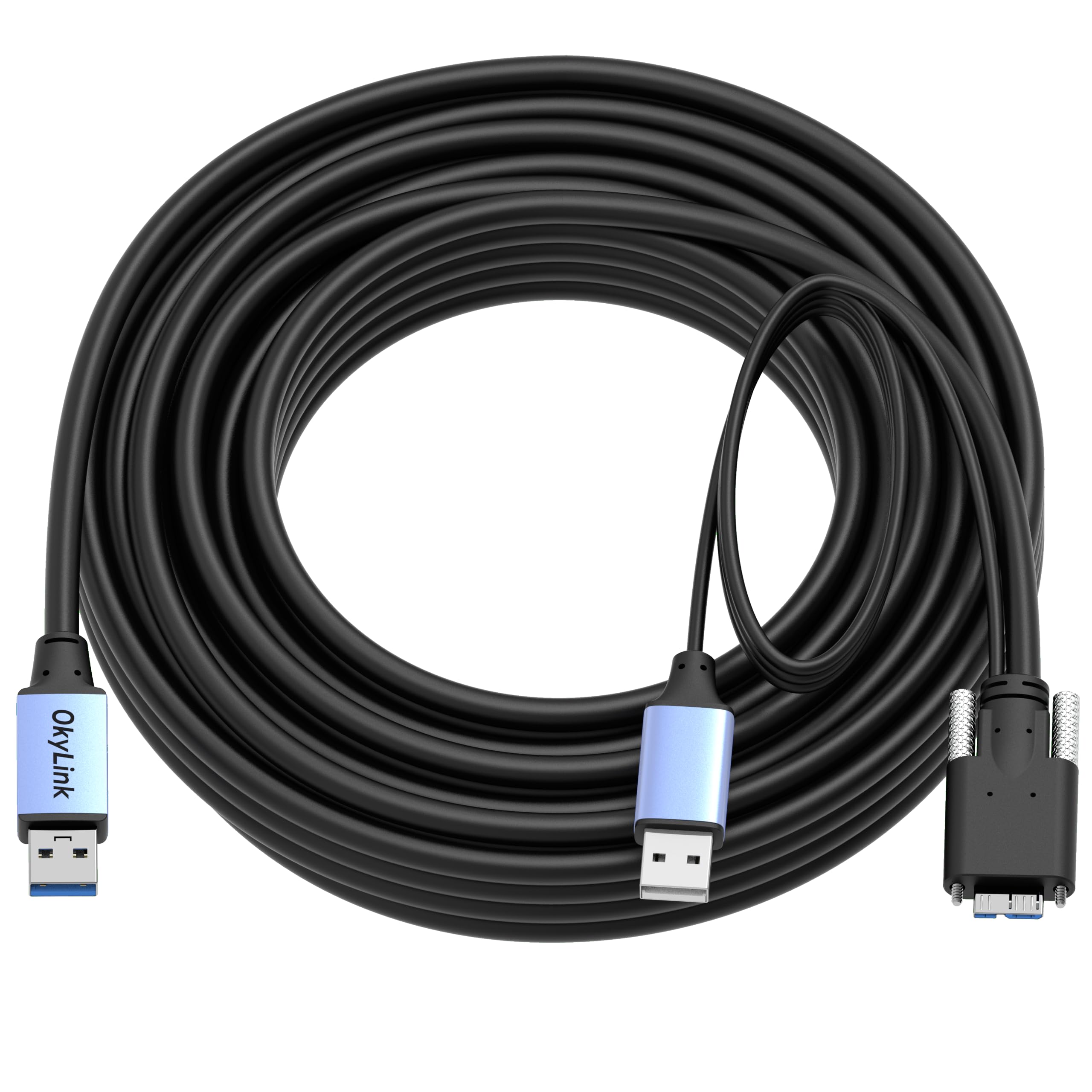OkyLink Aktywny kabel USB 3.0 do Micro-B z blokadą śrubową - 5 Gbps A męski na Micro-B męski, jakość przemysłowa z wbudowanym kablem zasilającym 10 m
