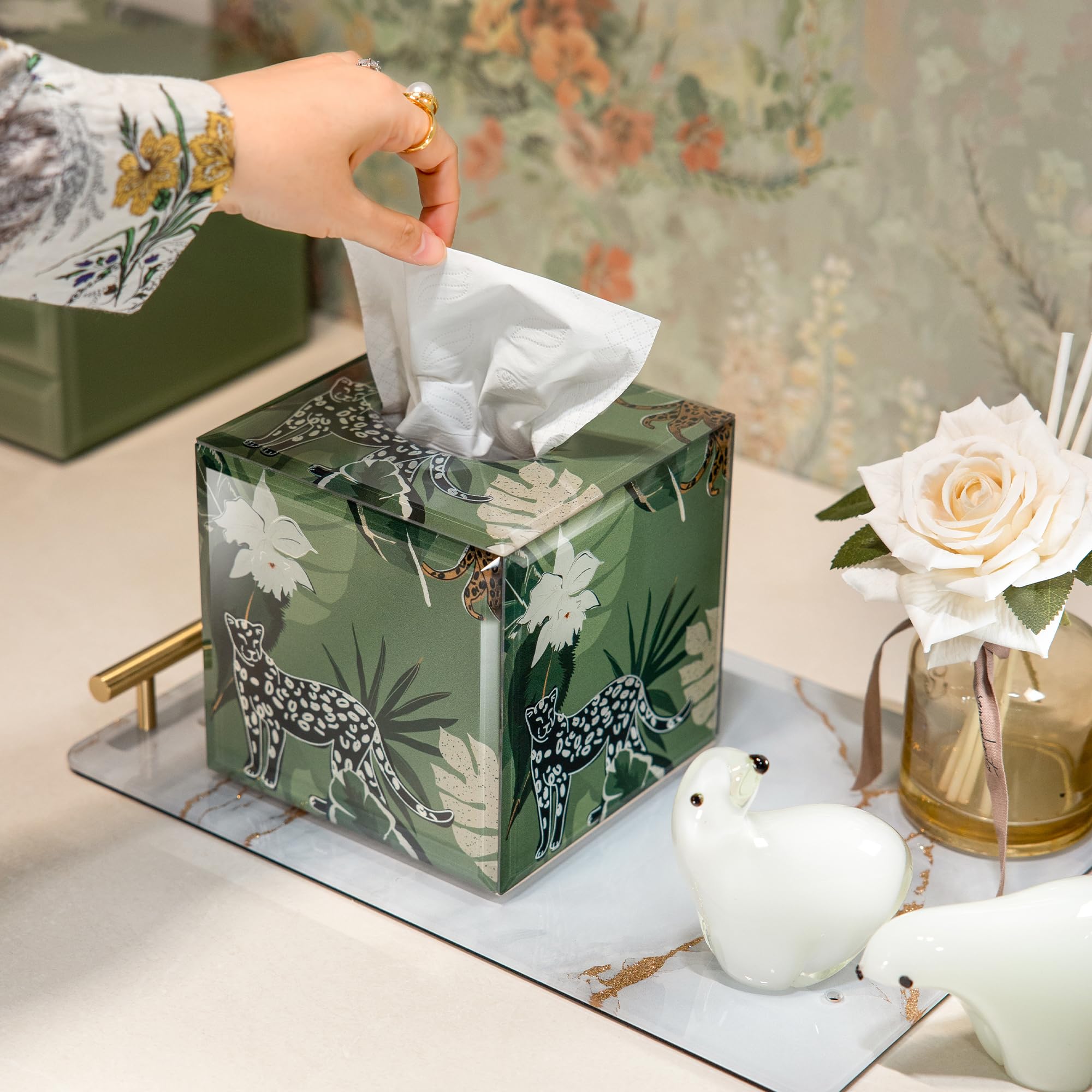 Square Glass Tissue Box Cover Green Jungle Leopard Print Decor
