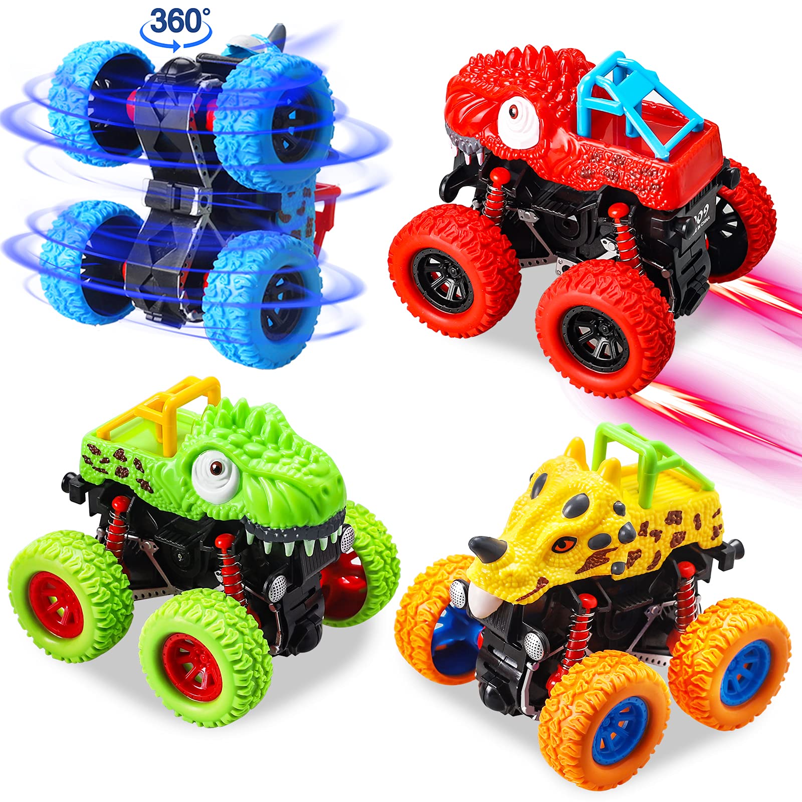 aovowogMonster Truck for Boys, 4 Pack Pull Back Cars, Friction Powered Cars for Kids, Dinosaur Truck Toys for 3 4 5 6 Year Old Boys - Christmas Birthday Party Gift for Kids