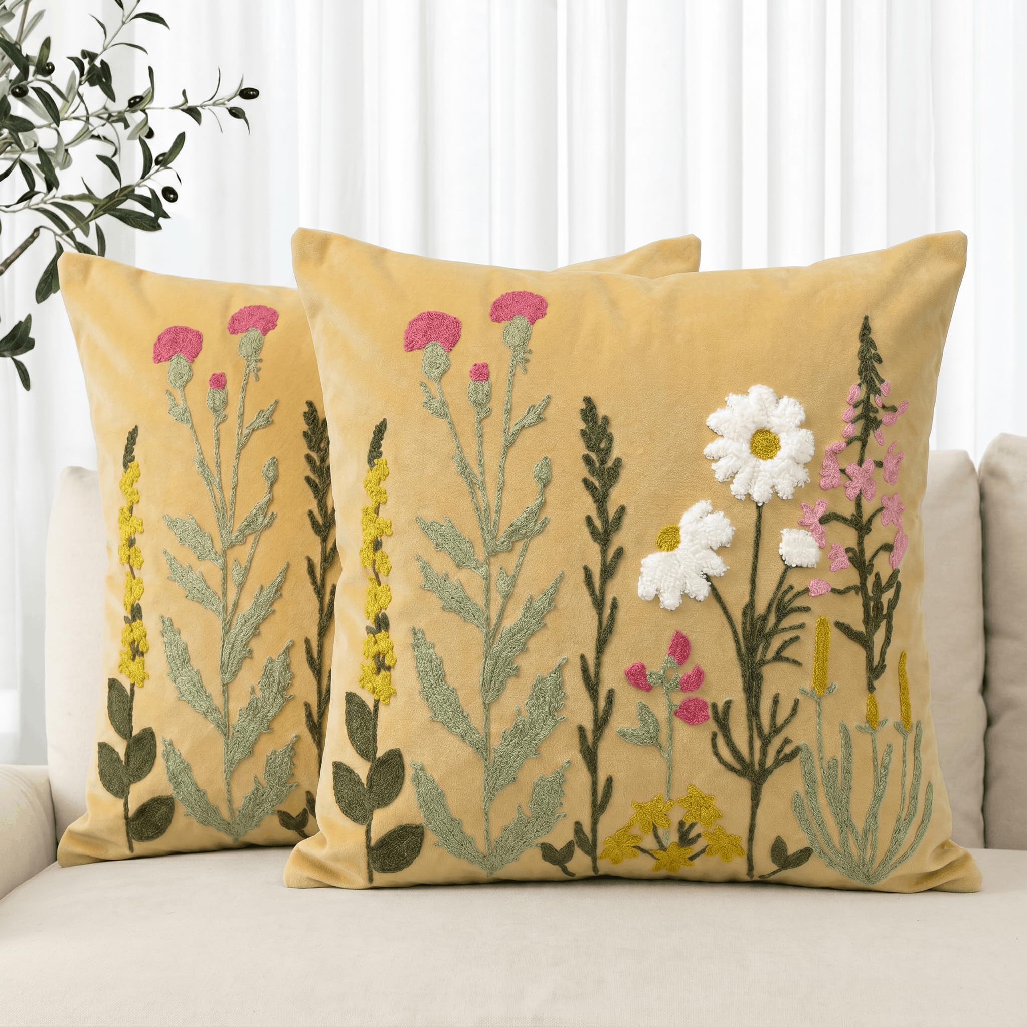 Artoid Mode Light Brown Chain-stitch Flowers Cushion Covers 45x45 cm 2PCS