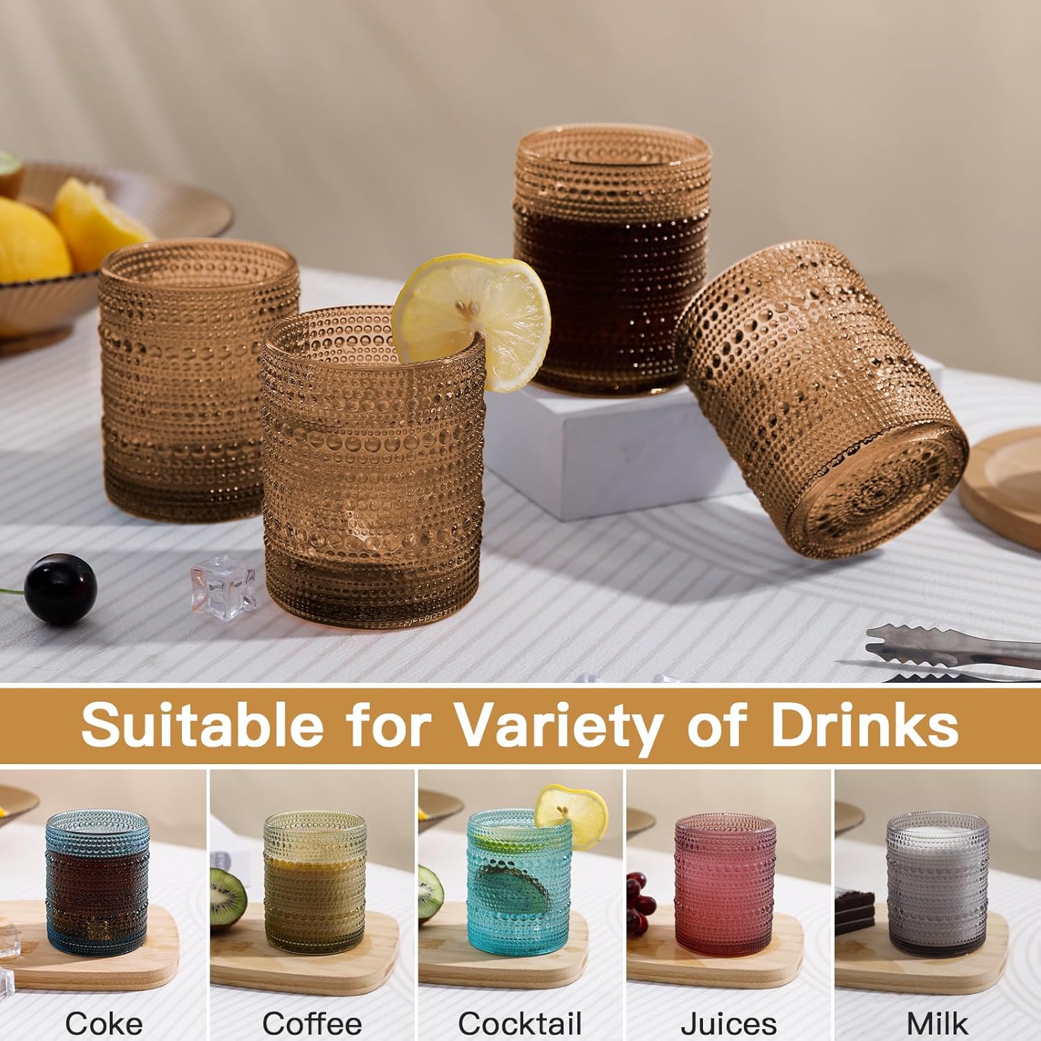 Brown Vintage Hobnail Drinking Glasses Set of 6, Embossed Water Tumbler 12oz, Kitchen & Bar Beaded Glass Cups, Beverage Glass Cups for Water, Beer, Juice, Housewarming and Mother's Day Gift