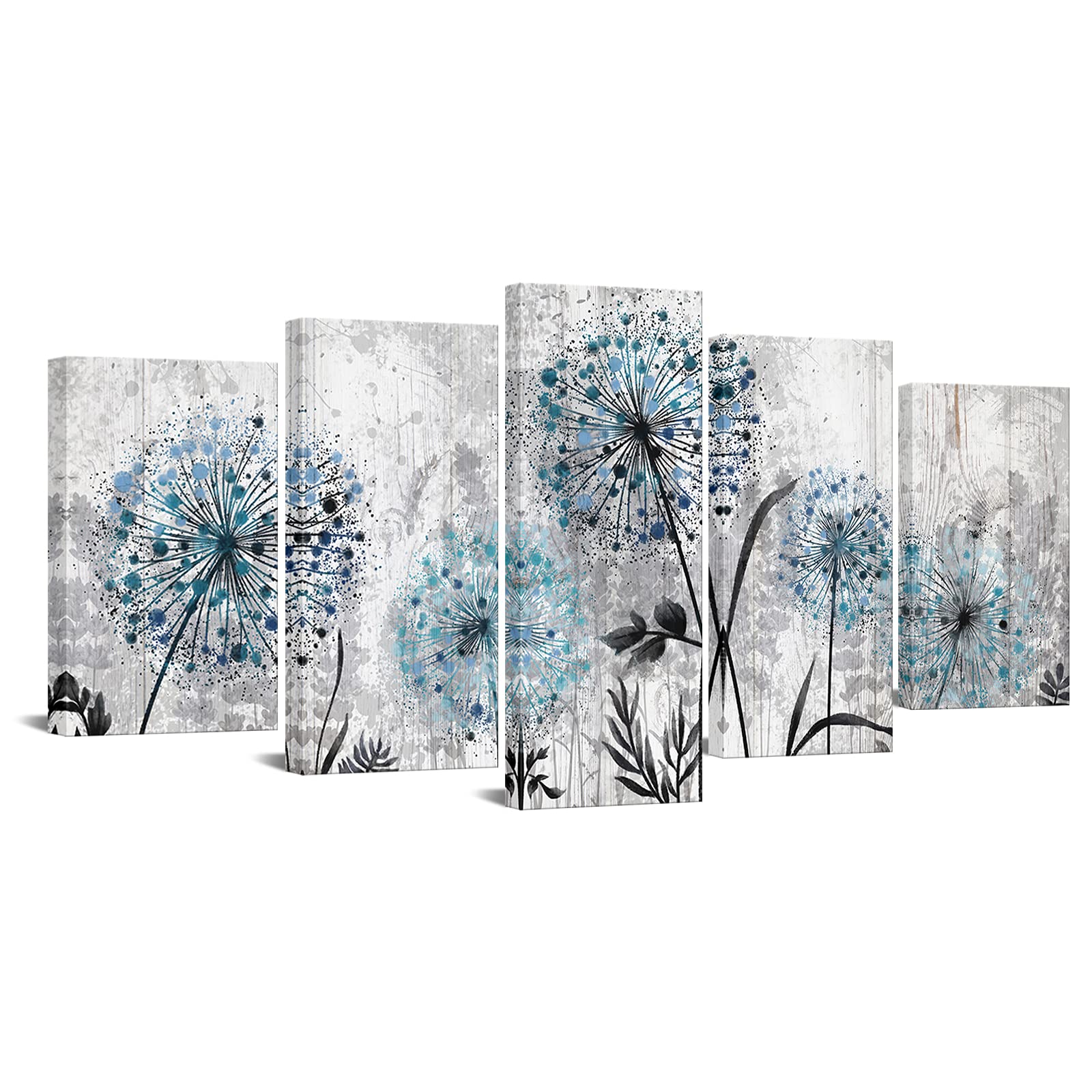 RnnJoile 5 Pieces Dandelion Wall Art Rustic Blue Floral Canvas Picture for Farmhouse Home Office Decor Grey Framed Artwork Ready to Hang