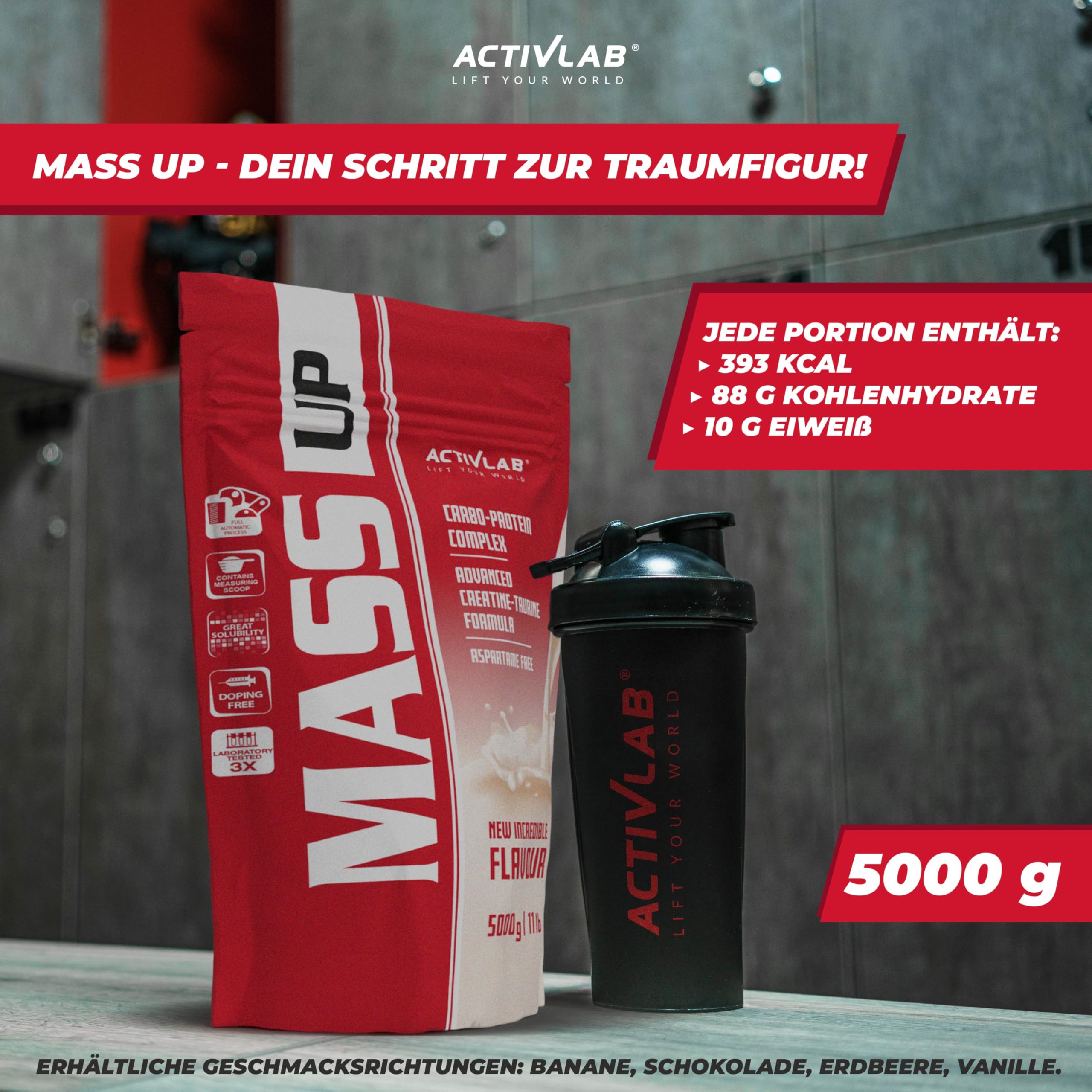 Activlab Whey Protein Weight Gainer - Kohlenhydrat und Molkenprotein - für schnellen Muskelaufbau - mit Kreatin und Taurin - 50 Portionen - Mass Up 5000 g Erdbeere