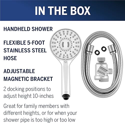 Miniatura 4 de Waterpik Cabezal de ducha magnético de doble muelle de altura ajustable con manguera de metal de 5 pies y masaje de ducha PowerPulse cromado