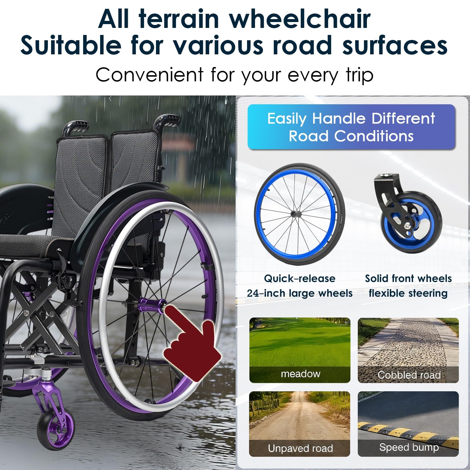 Silla de ruedas manual ligera, silla de ruedas deportiva ultraligera portátil todo terreno, silla de ruedas plegable, sillas de ruedas de transporte con antivuelco(Purple A,42cm/16.5in)