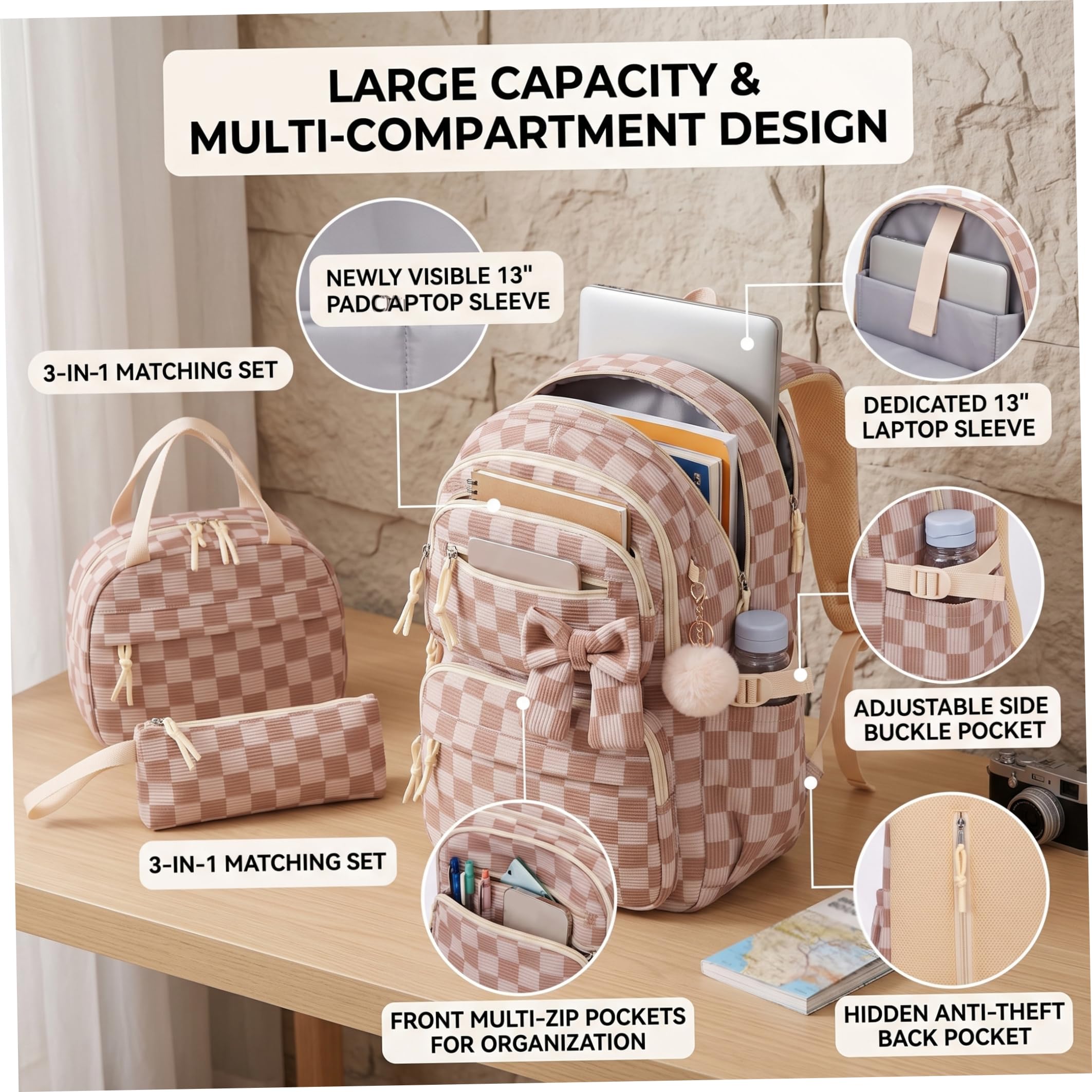 Mochila a Cuadros para niñas de 3 Piezas, Mochila espaciosa de Pana con Fiambrera