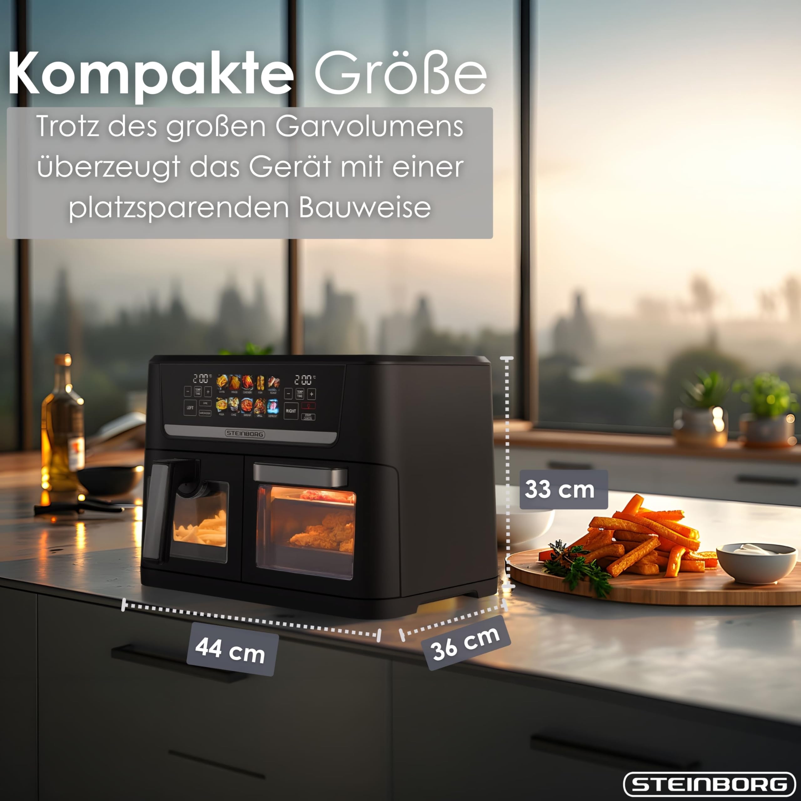 Steinborg® XXL Dual Zone frytkownica na gorące powietrze, 14 litrów (8 l + 6 l), 1700 W, z 2 komorami i 2 niezależnymi strefami gotowania, cyfrowy wyświetlacz, 10 programów w temperaturze 60–200°C