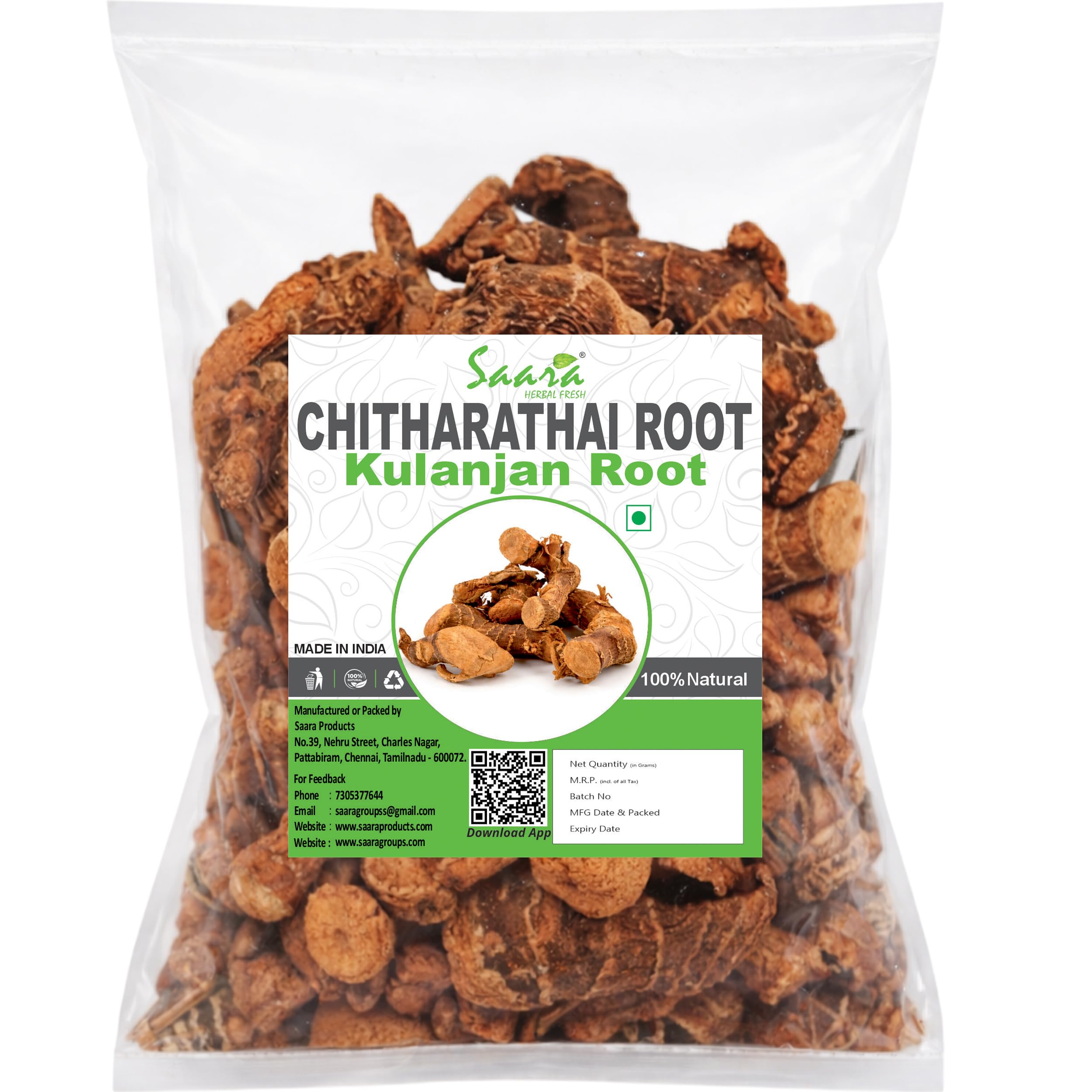 Saara HERBAL FRESH Dry Chitharathai Root, 50g, Kulanjan Root, Sanna-Dumparashtrakamu, Lesser Galangal, Rasna Root, (pack of 1 x 50g)