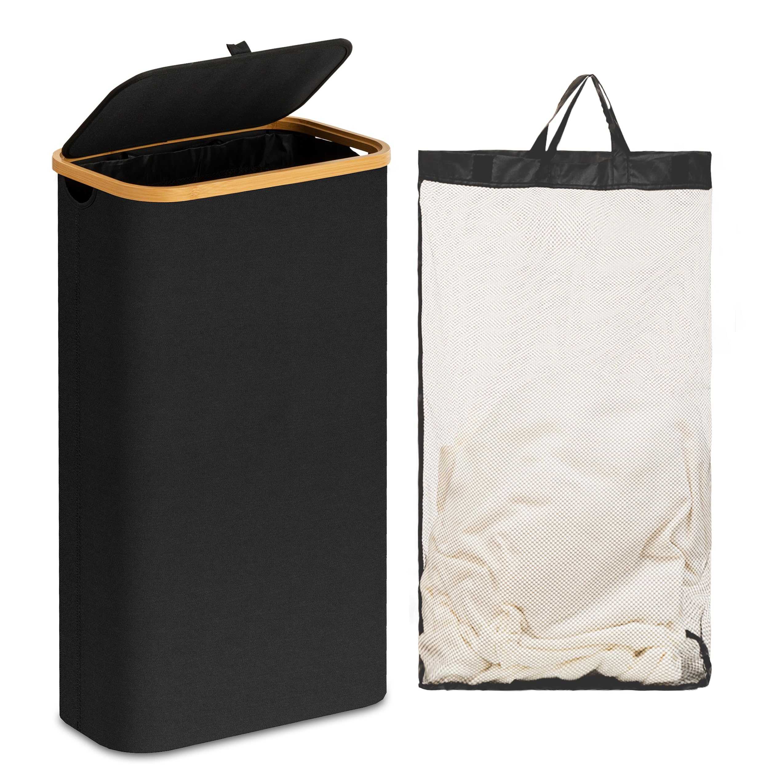 Laundry Hamper with Lid, 60L Slim Laundry Basket with Bamboo Handles and Removable Inner Bag, Collapsible Dirty Clothes Hamper Laundry Bin for Bathroom, Bedroom, Dorm Laundry Room(Black)