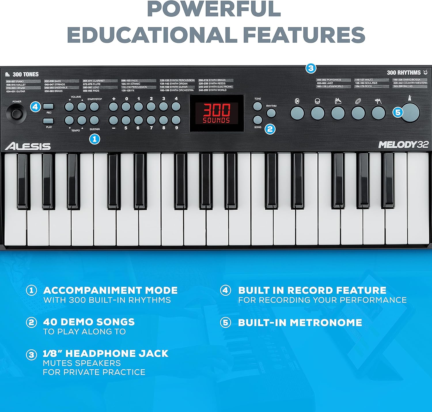 Alesis Melody 32 - Electric Keyboard Digital Piano with 32 Keys, Speakers, 300 Sounds, 300 Rhythms, 40 Songs, USB-MIDI Connectivity and Piano Lessons - Image 4
