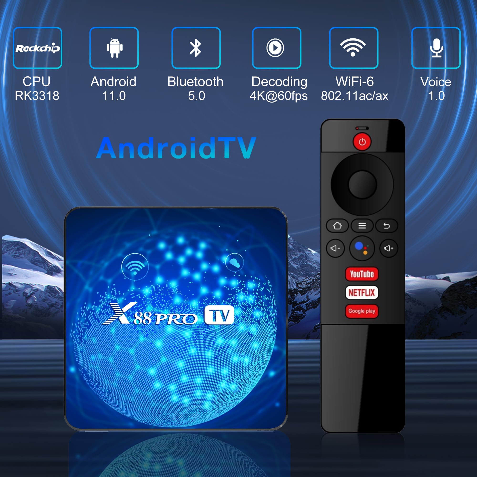 Android 11.0 TV Box, RK3318 Quad-Core4GB RAM 32GB ROM, 4K HD 2.0 | Dual-Band WiFi BT 5.0, USB3.0 Smart TV Box