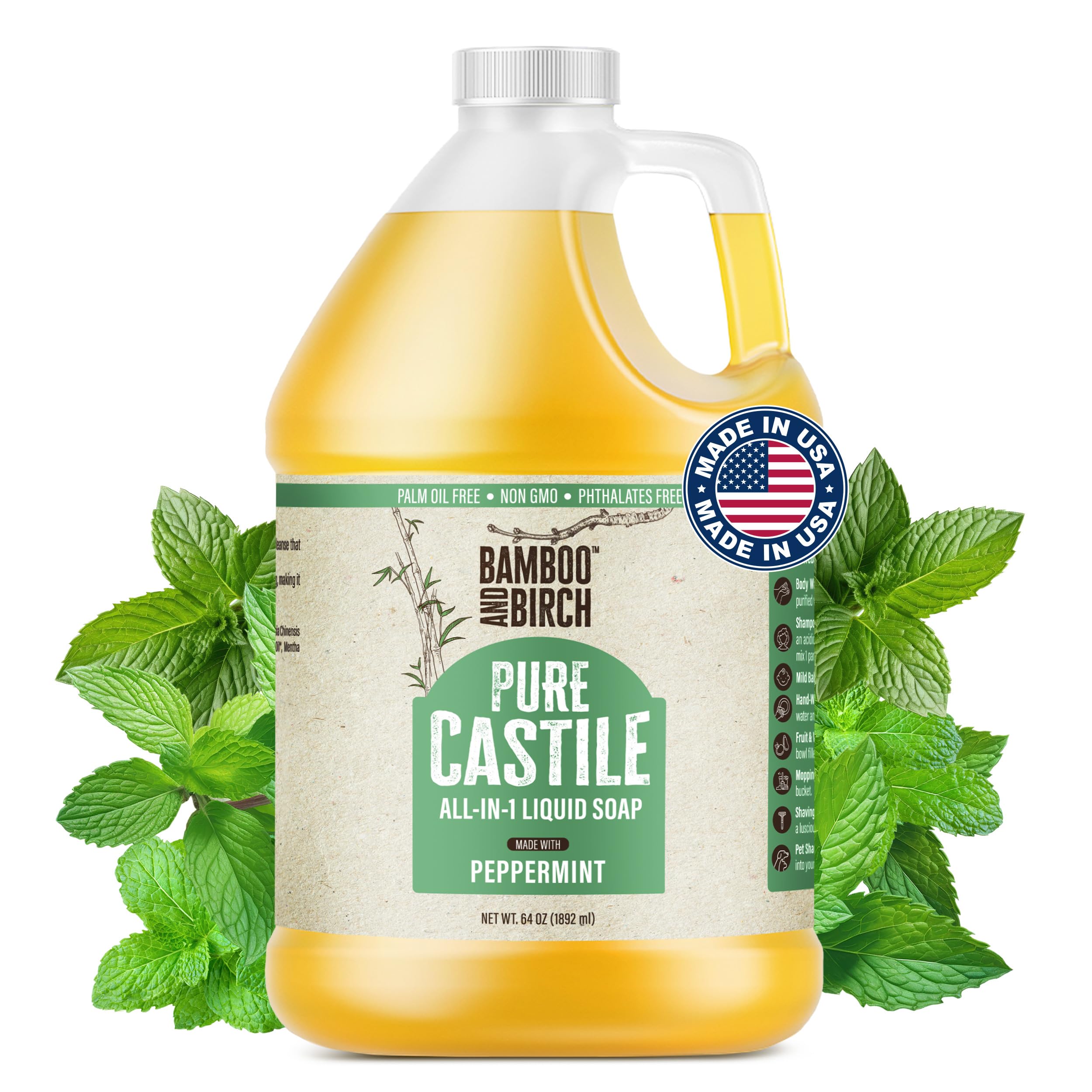 BAMBOO AND BIRCH Pure Castile Soap Liquid, Certified Palm Oil Free Natural Soap, Peppermint, 64 oz