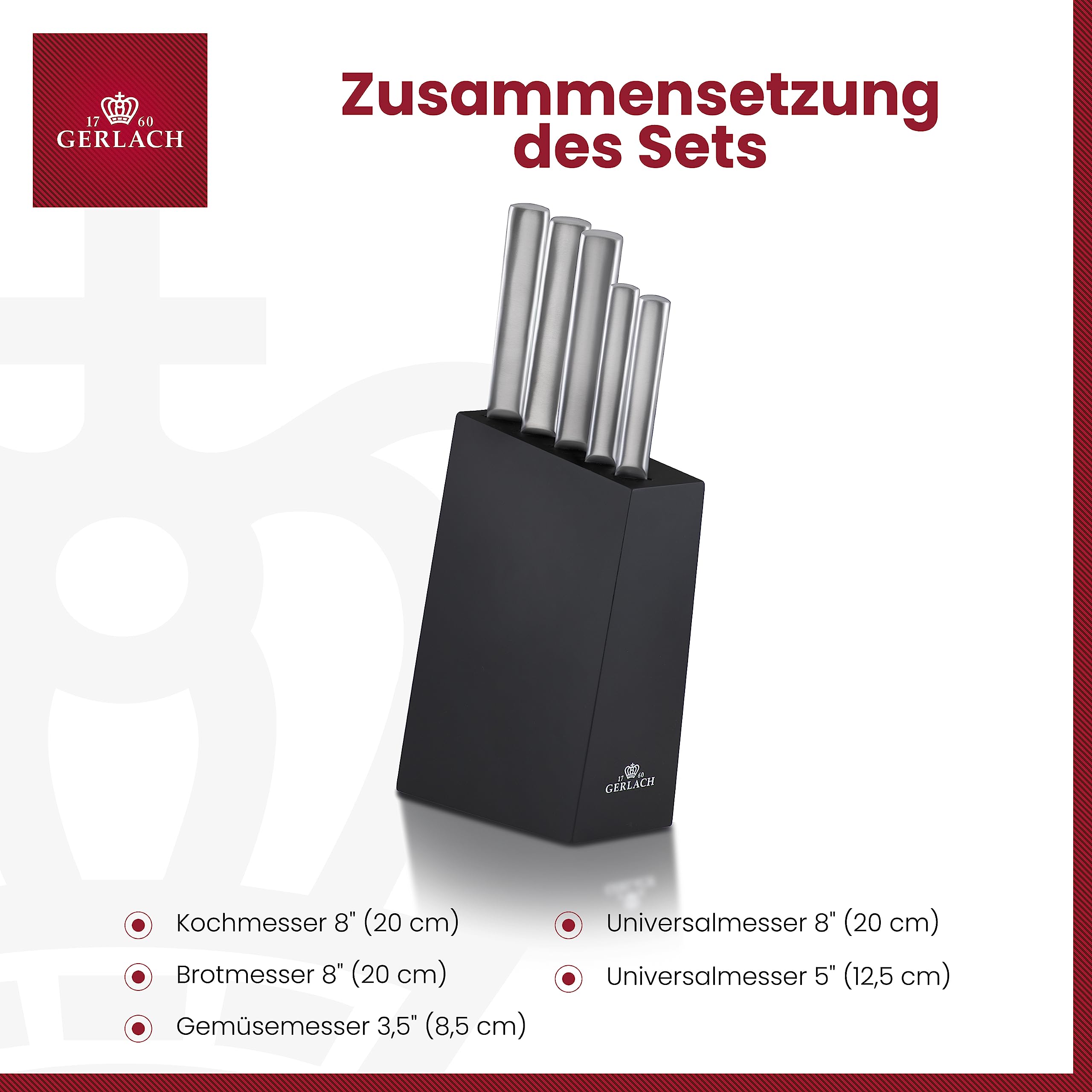Gerlach 1760 Set Couteau Cuisine En Acier Inoxydable Ensemble De 5 Couteaux 1 x Couteau De Chef 1 x Couteau À Pain 2 x Couteau De Cuisine 1 x Couteau À Légumes 54-55 HRC Ambiente